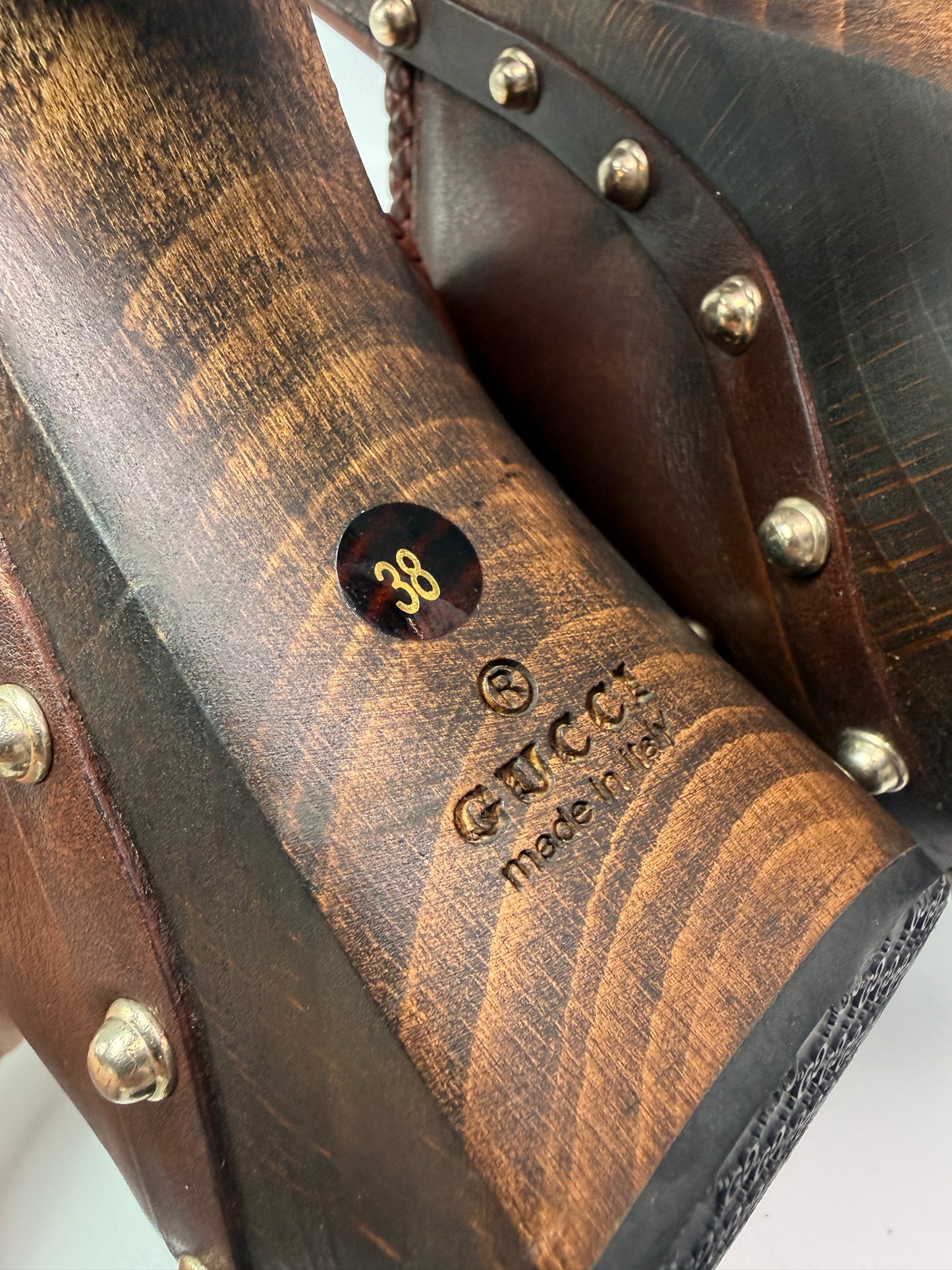 Gucci Brown Leather Platform Mule Heels with Wood Size 38