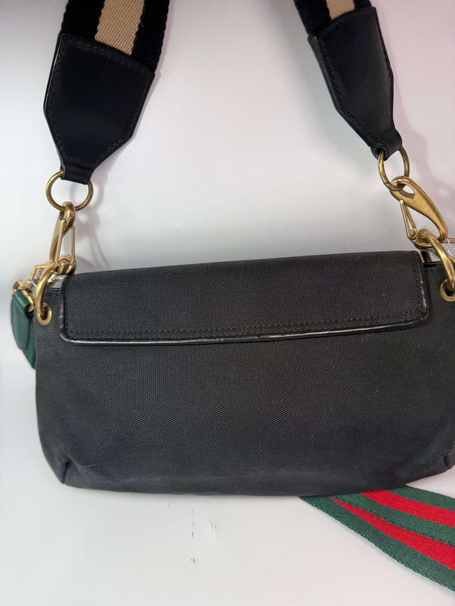 Gucci Black Canvas Shoulder Bag Unbranded Red and Green Crossbody Strap