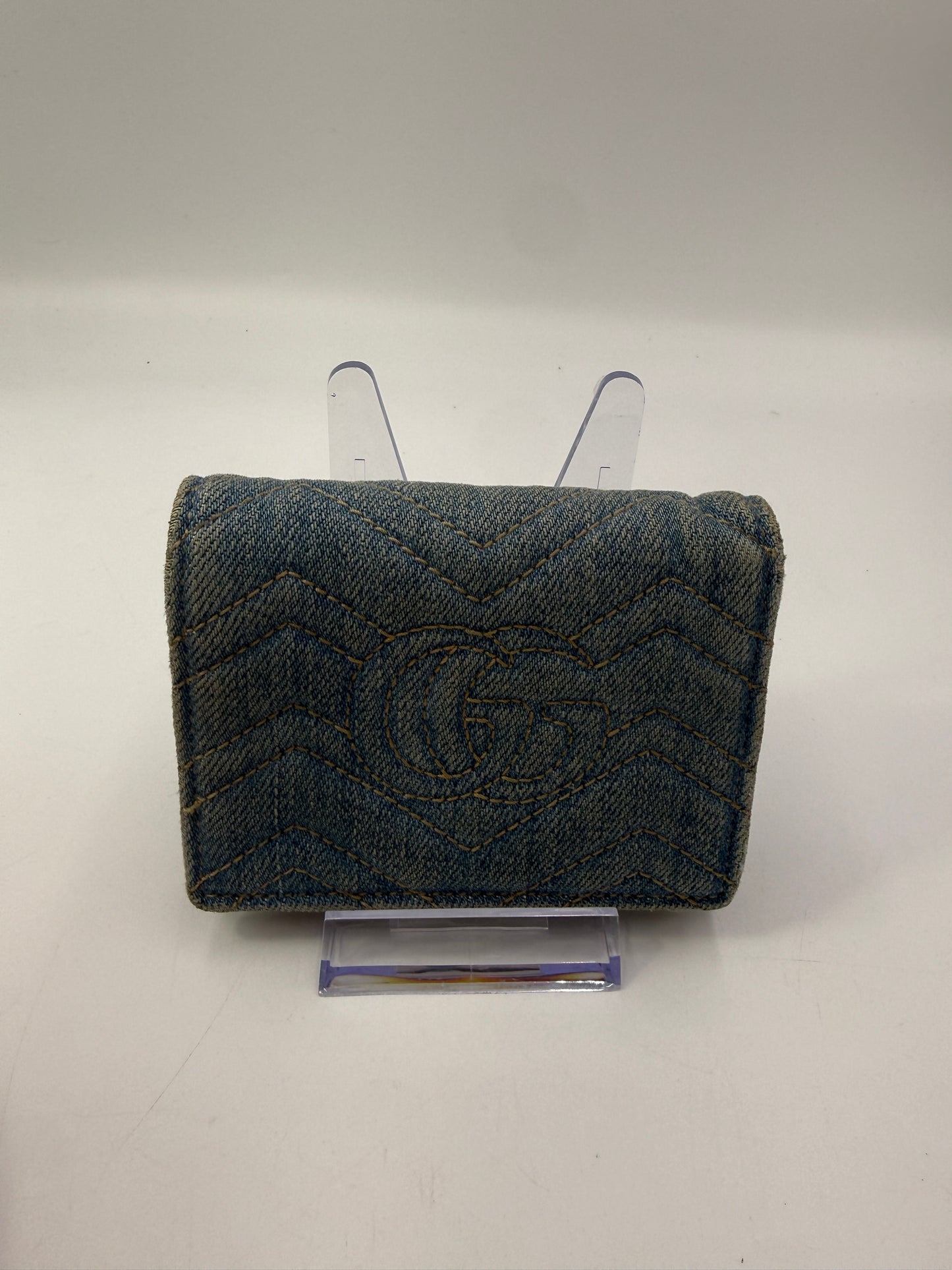 Gucci Marmont Chevron Denim Wallet Pearl GG Logo