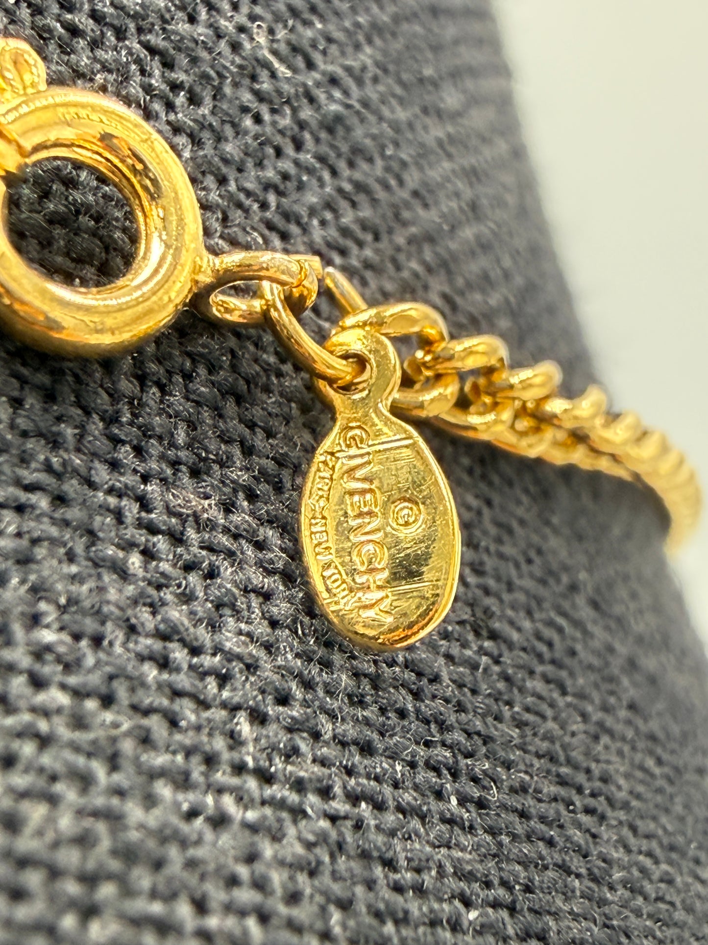 Givenchy Vintage Gold Tone G Pendant Necklace with Crystal Accents