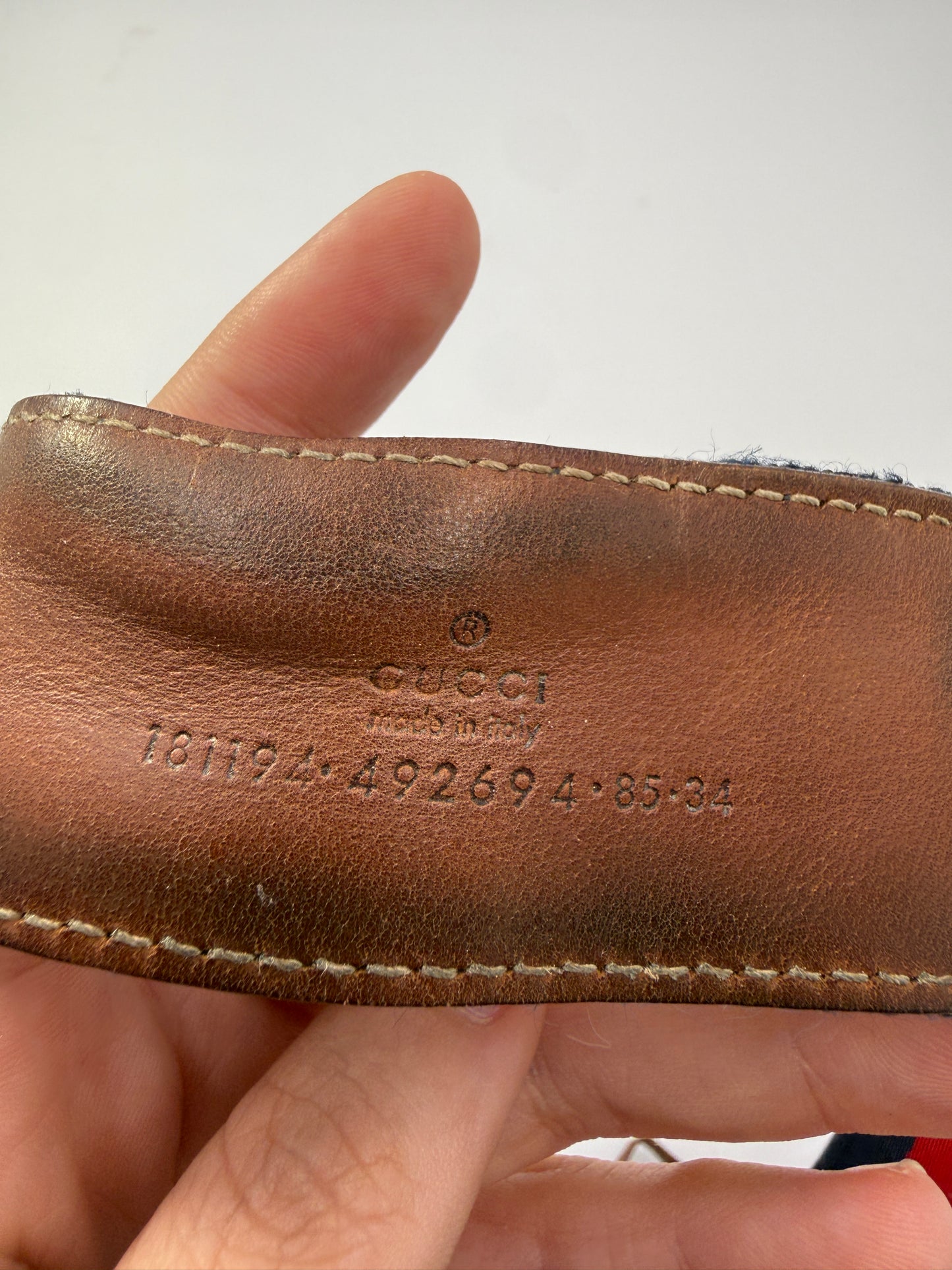 Gucci Ophidia Web Stripe Knight Crest Belt with Navy Blue Leather Trim 85 cm 34 in