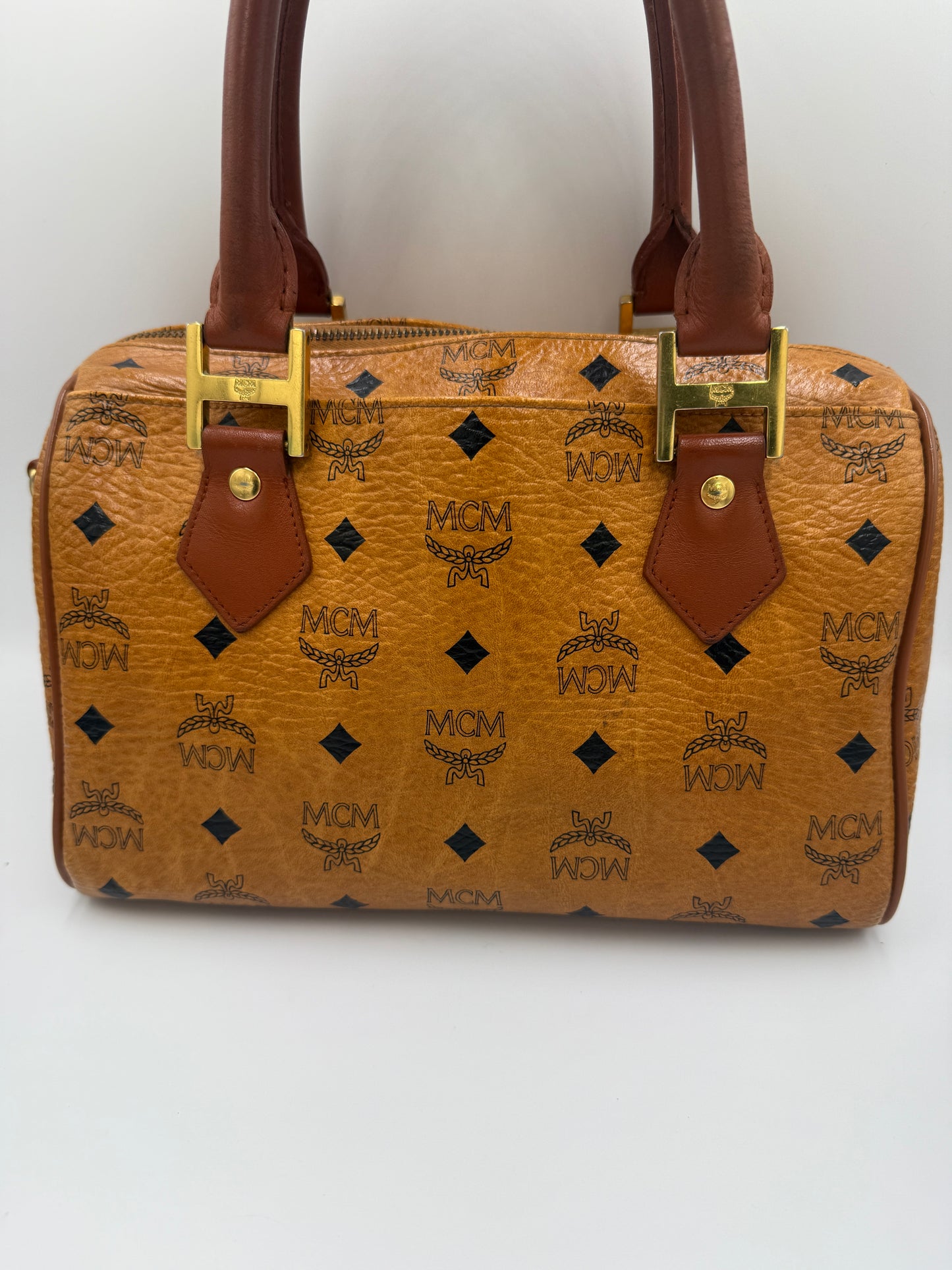 MCM Cognac Visetos Coated Canvas Boston Bag 27 cm