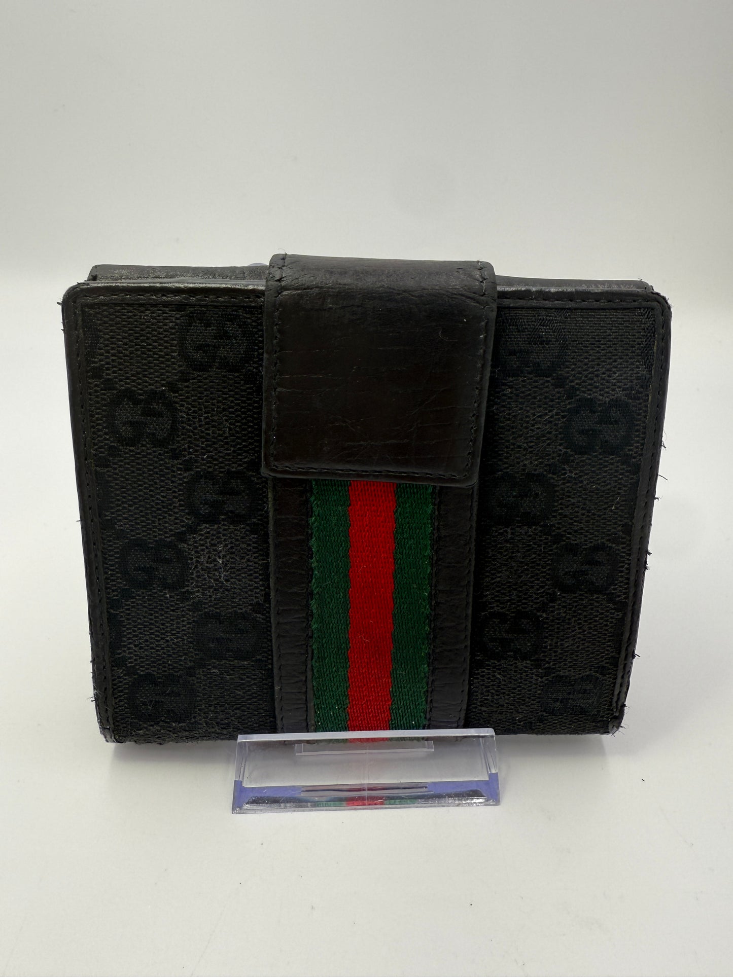 Gucci G Black Leather Canvas Sherry Line Compact Wallet