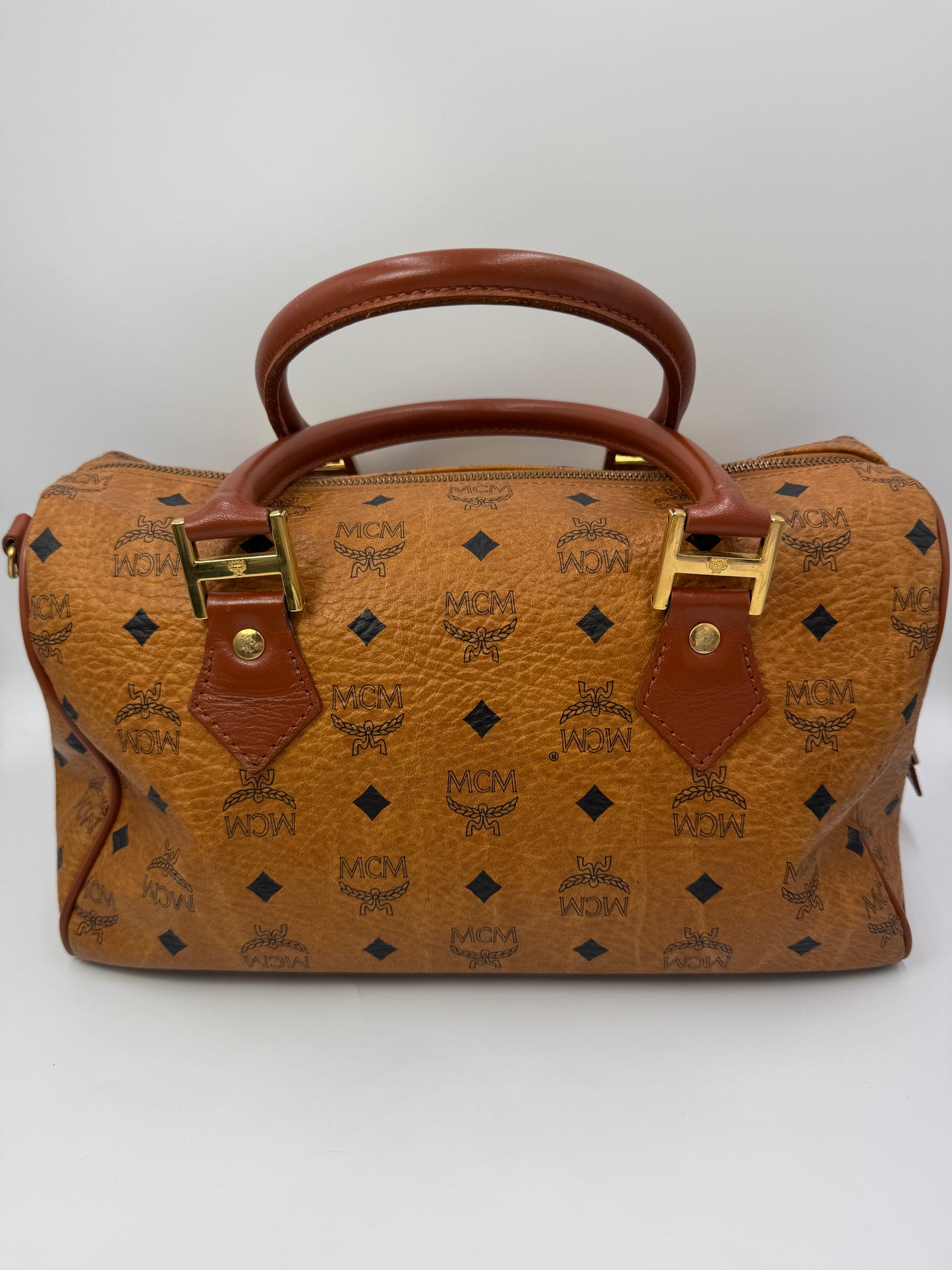 MCM Cognac Visetos Coated Canvas Boston Bag 32 cm
