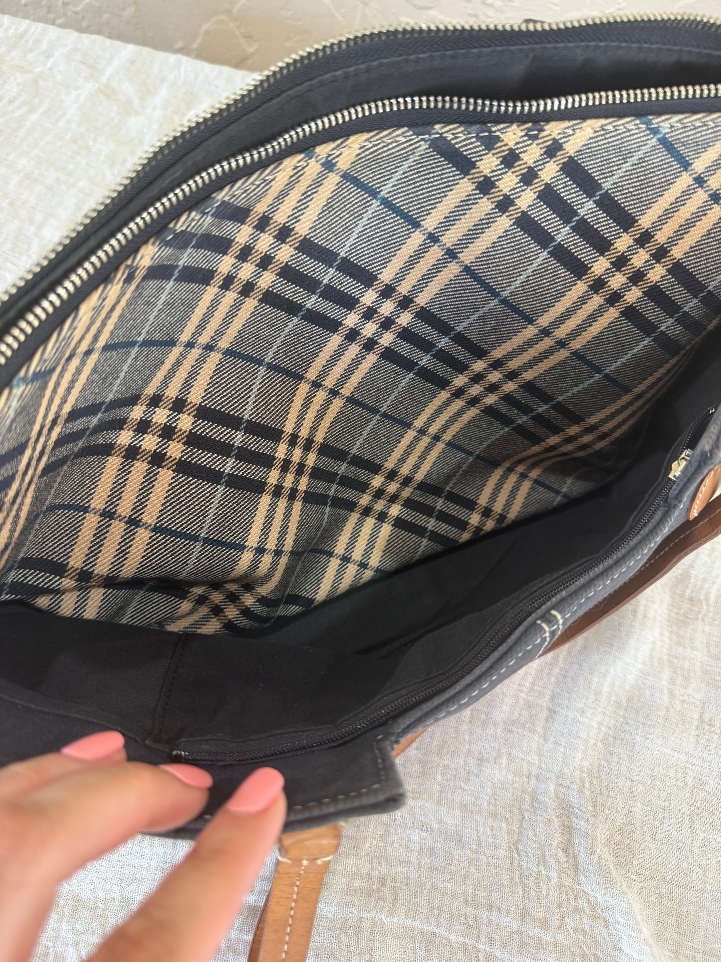 Burberry Blue Denim Like Canvas Tote with Removable Zipper Pouch