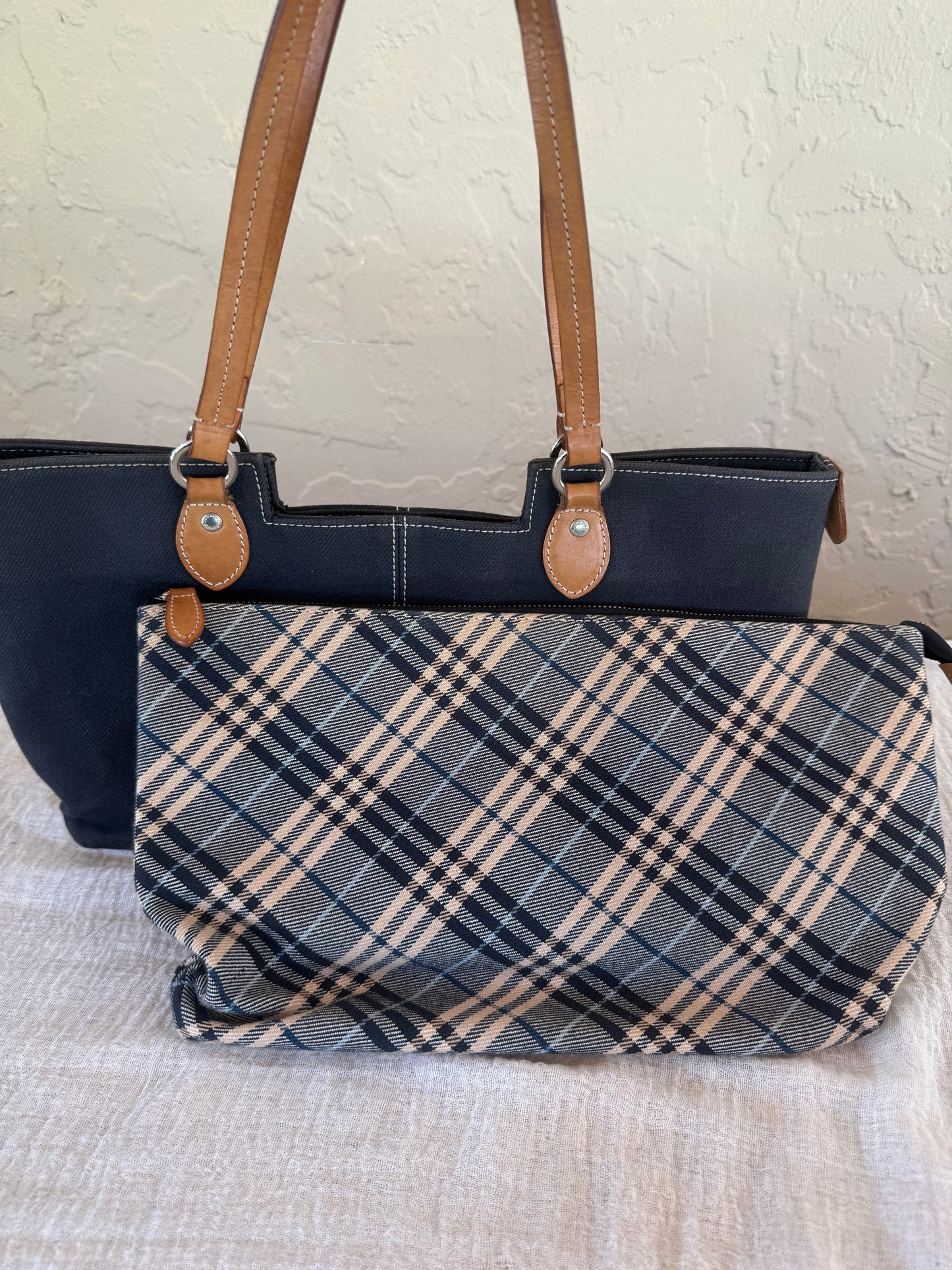 Burberry Blue Denim Like Canvas Tote with Removable Zipper Pouch