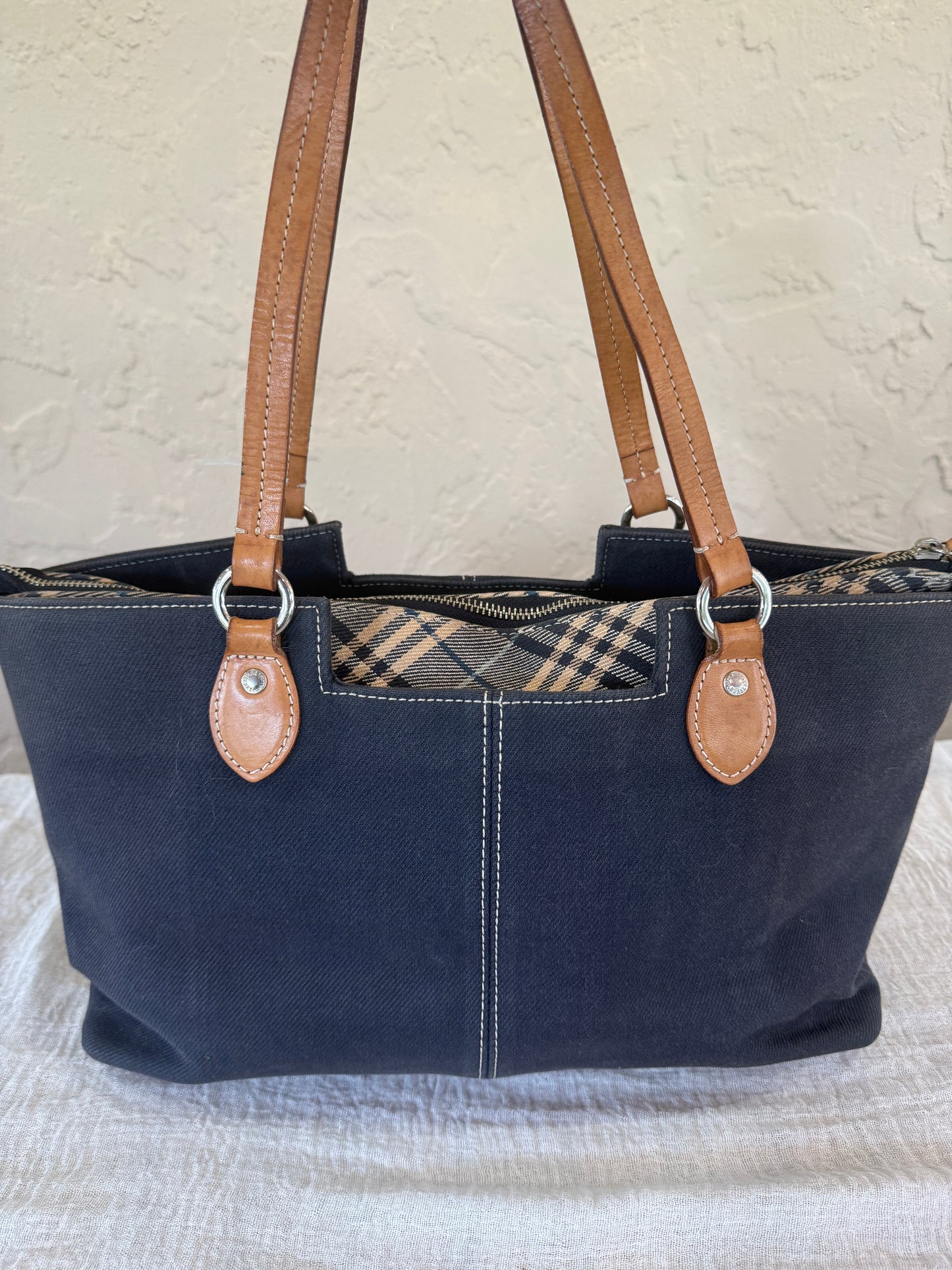 Burberry Blue Denim Like Canvas Tote with Removable Zipper Pouch