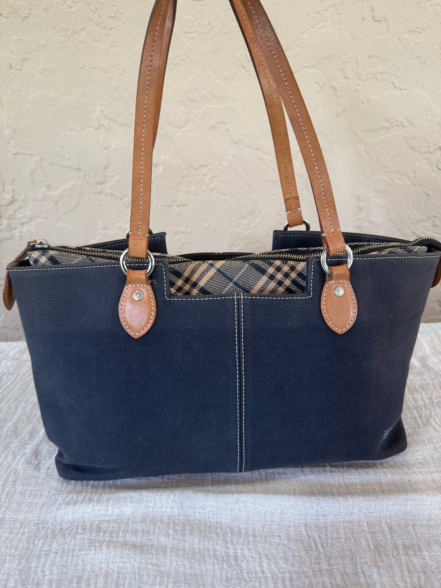Burberry Blue Denim Like Canvas Tote with Removable Zipper Pouch