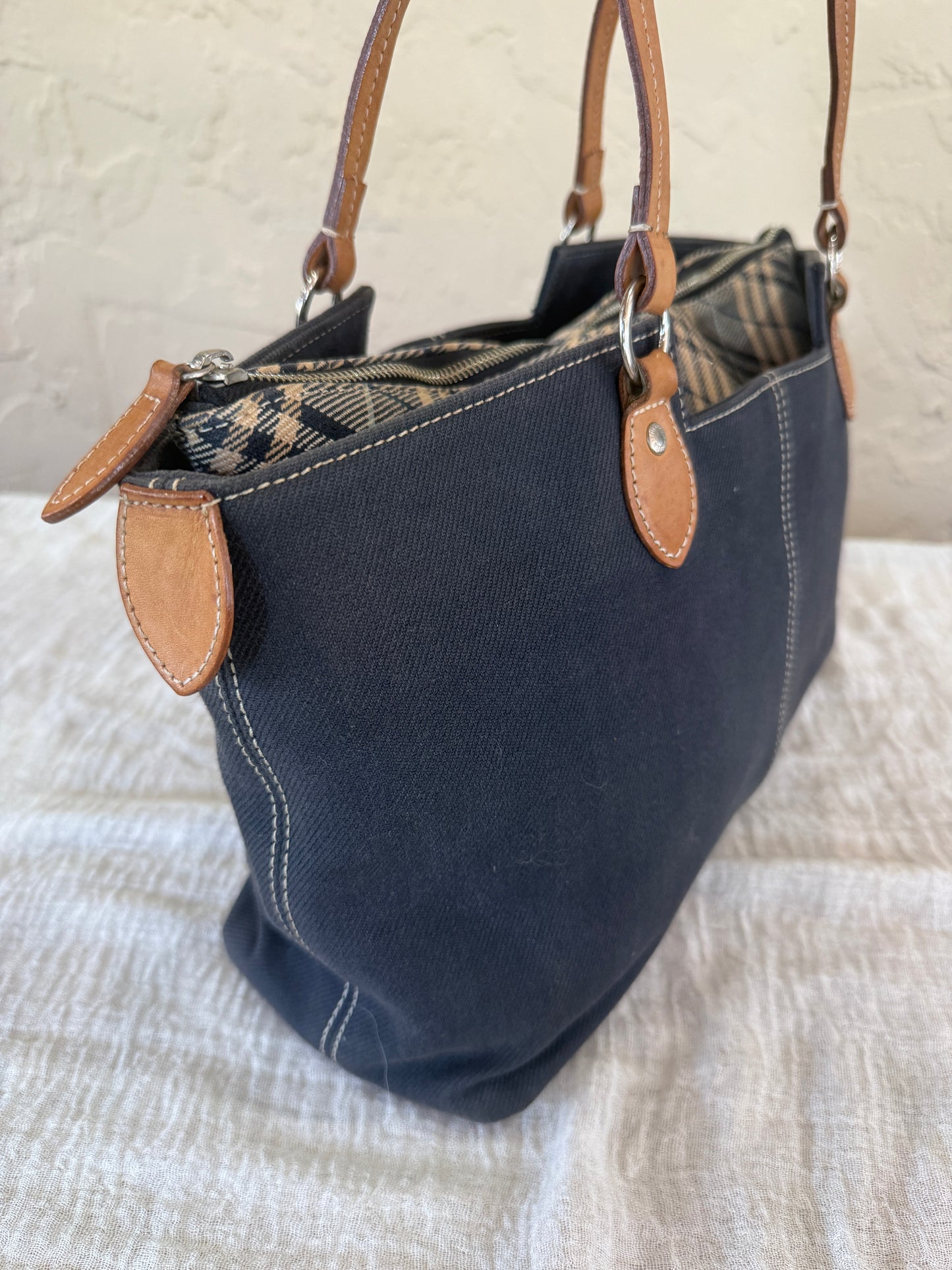 Burberry Blue Denim Like Canvas Tote with Removable Zipper Pouch