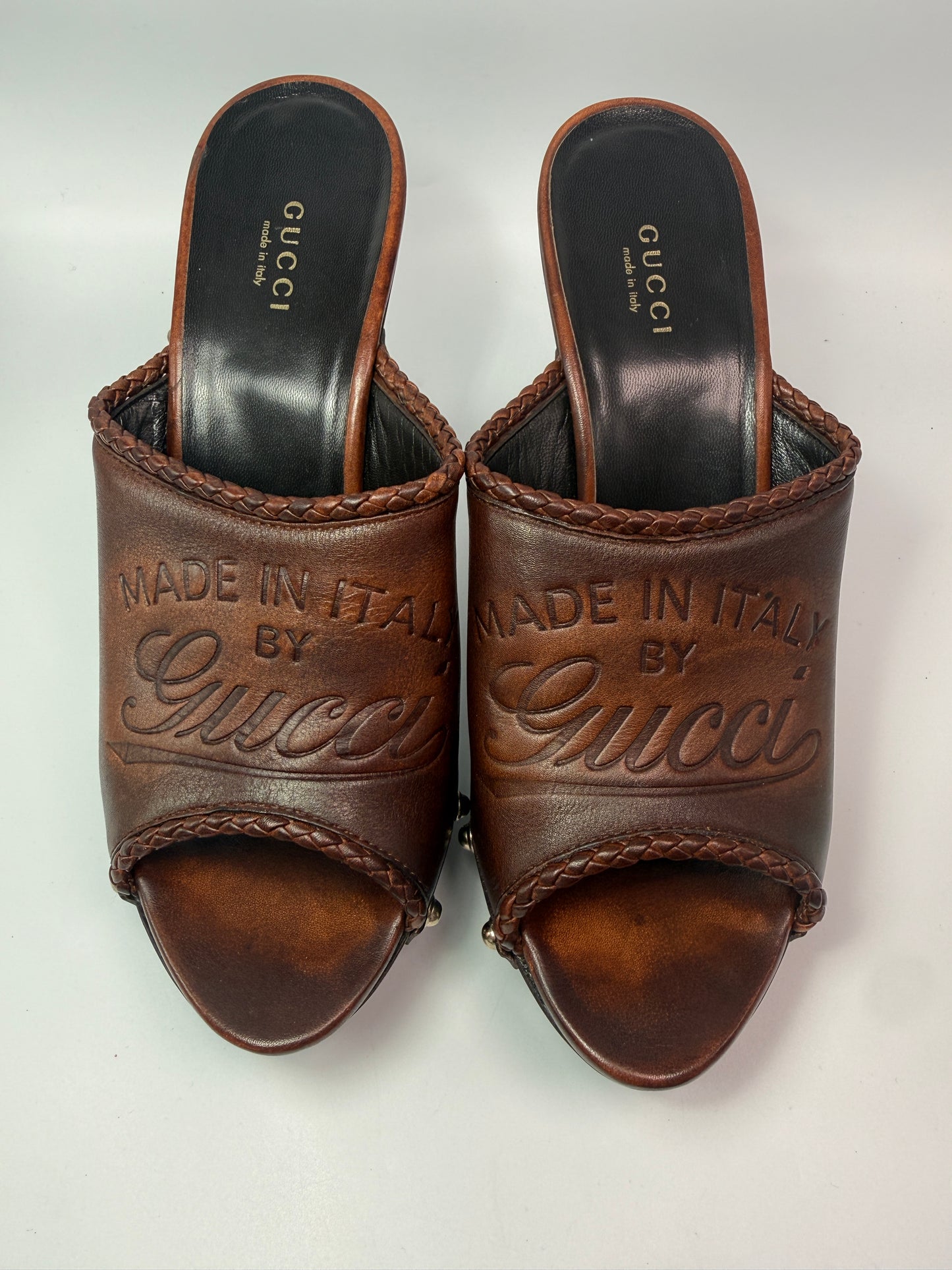 Gucci Brown Leather Platform Mule Heels with Wood Size 38