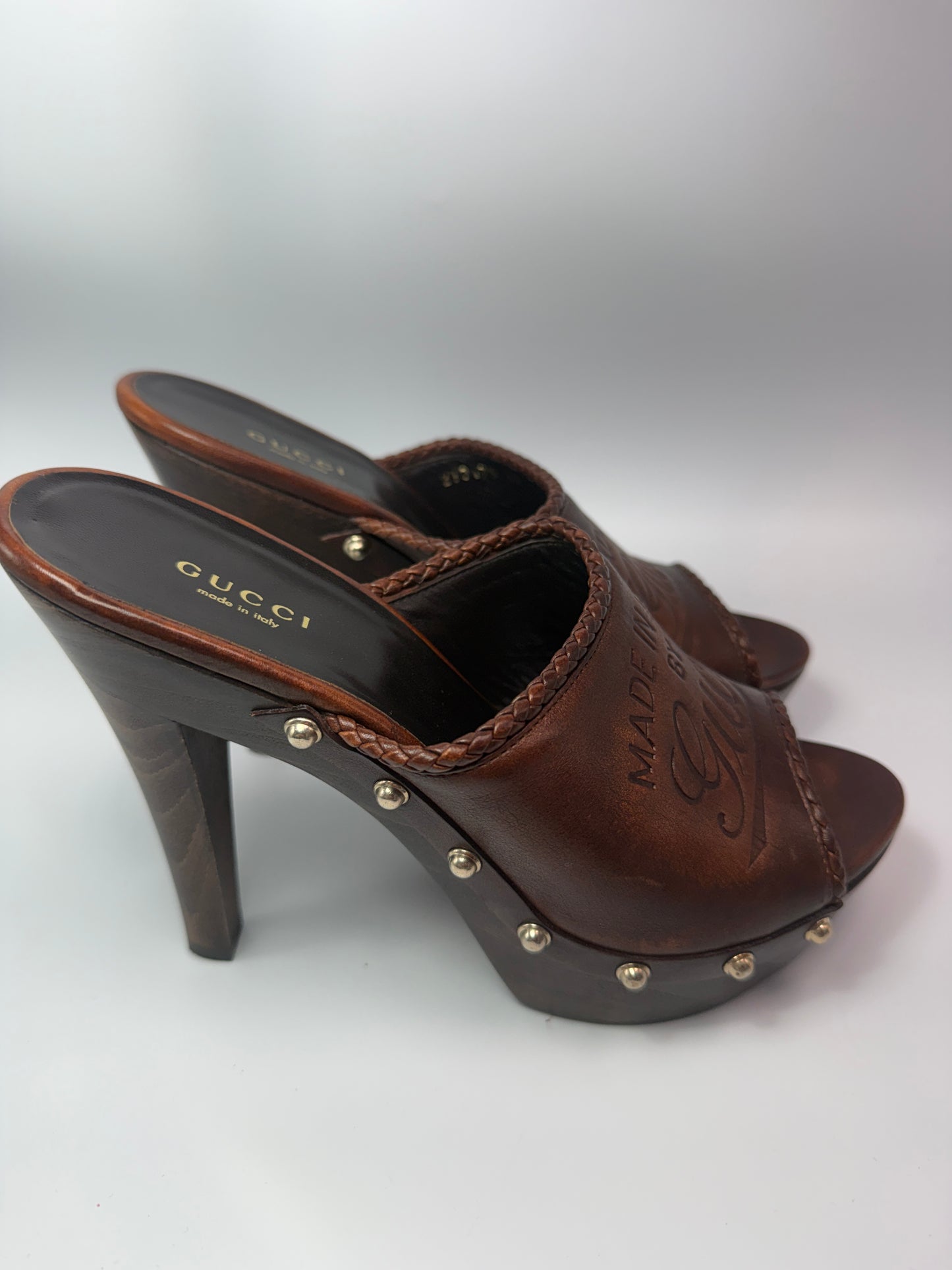 Gucci Brown Leather Platform Mule Heels with Wood Size 38