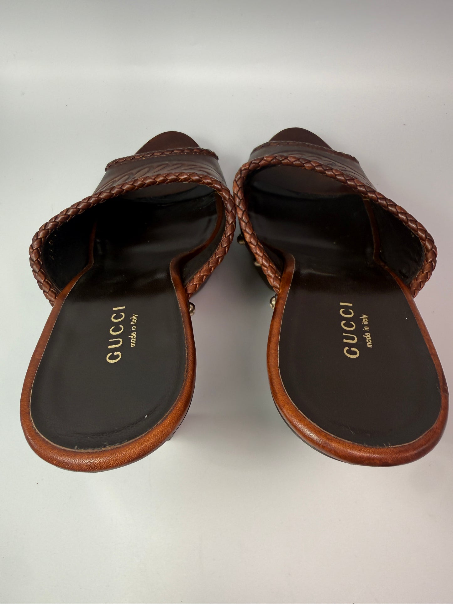 Gucci Brown Leather Platform Mule Heels with Wood Size 38
