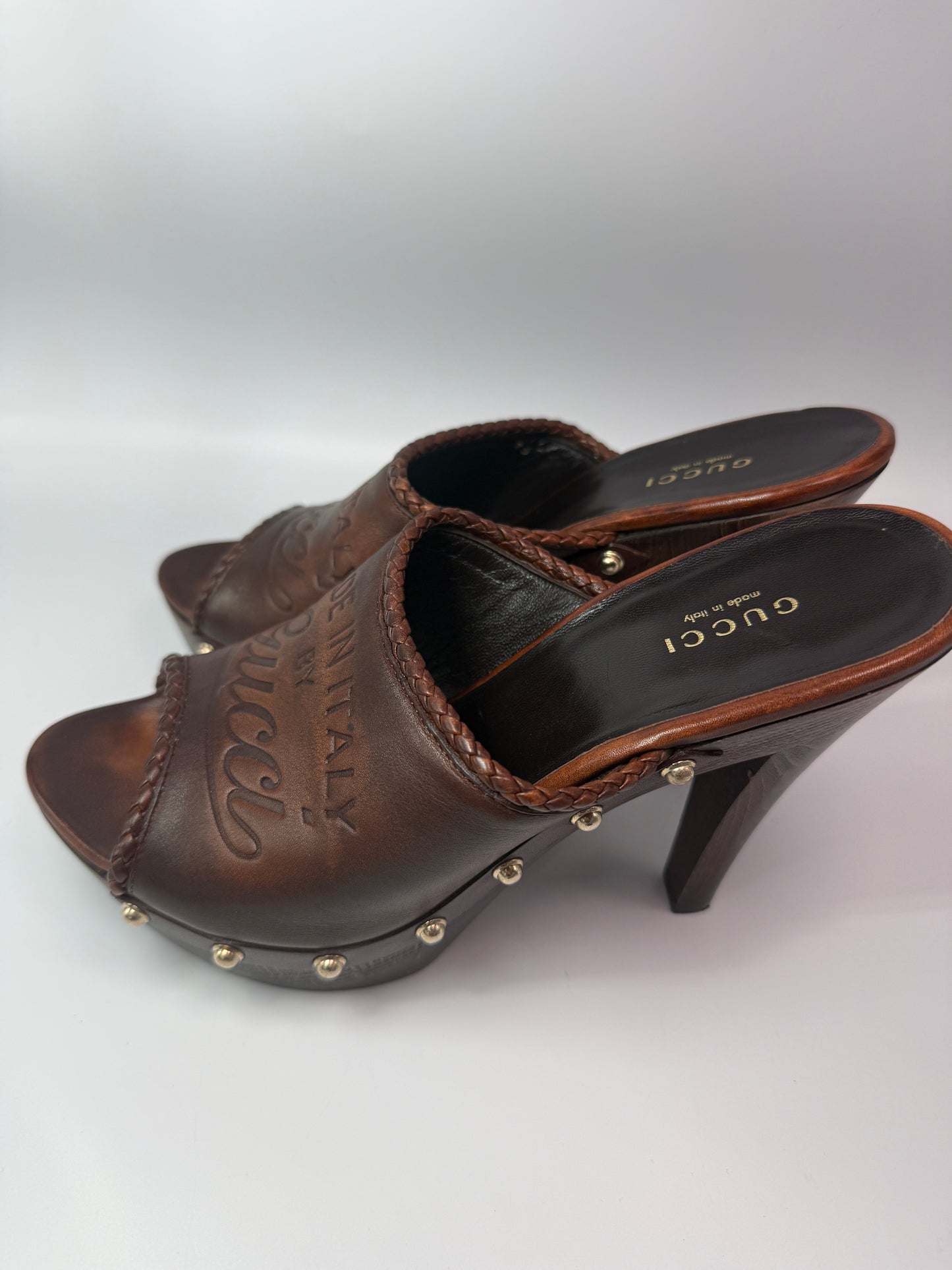 Gucci Brown Leather Platform Mule Heels with Wood Size 38