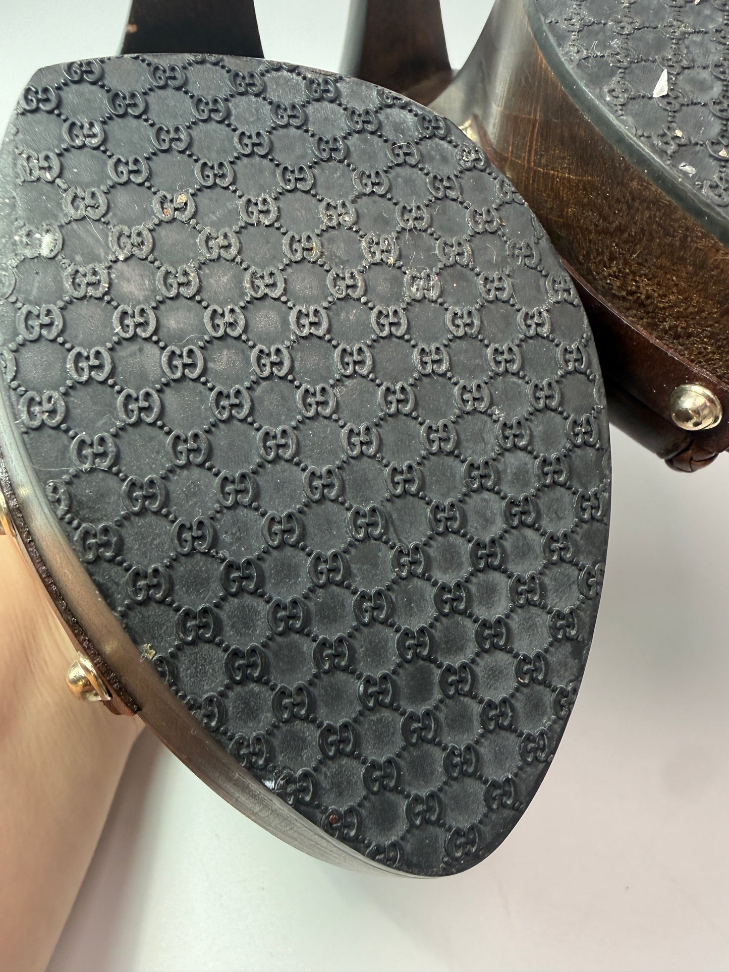 Gucci Brown Leather Platform Mule Heels with Wood Size 38