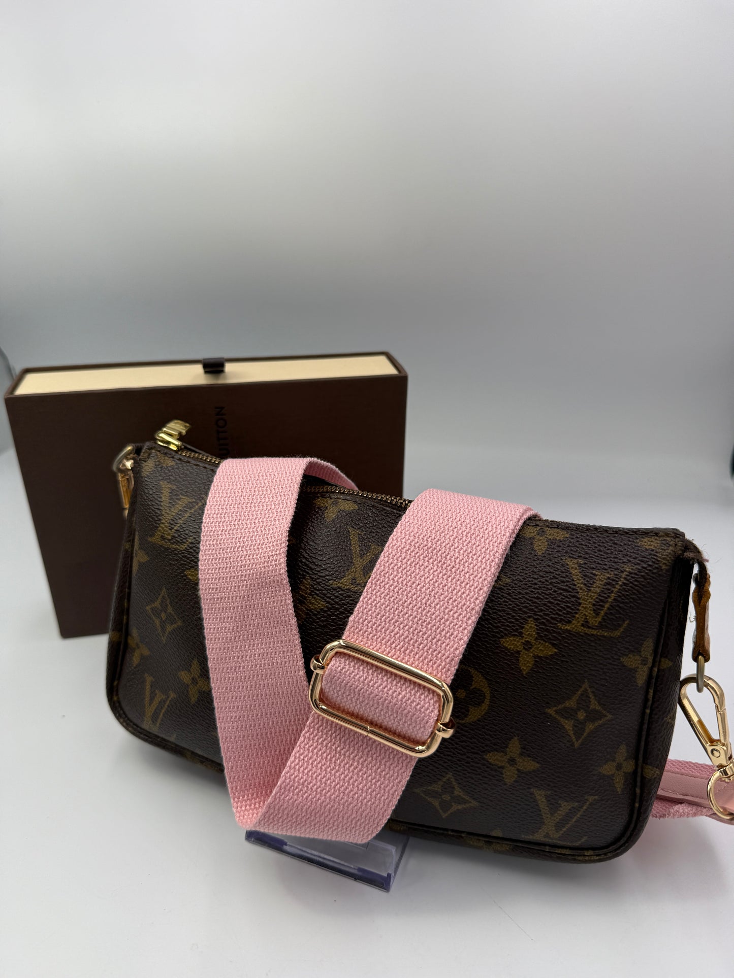 Louis Vuitton Monogram Coated Canvas Pochette with Pink Guitar Strap Full Inclusion AR0091