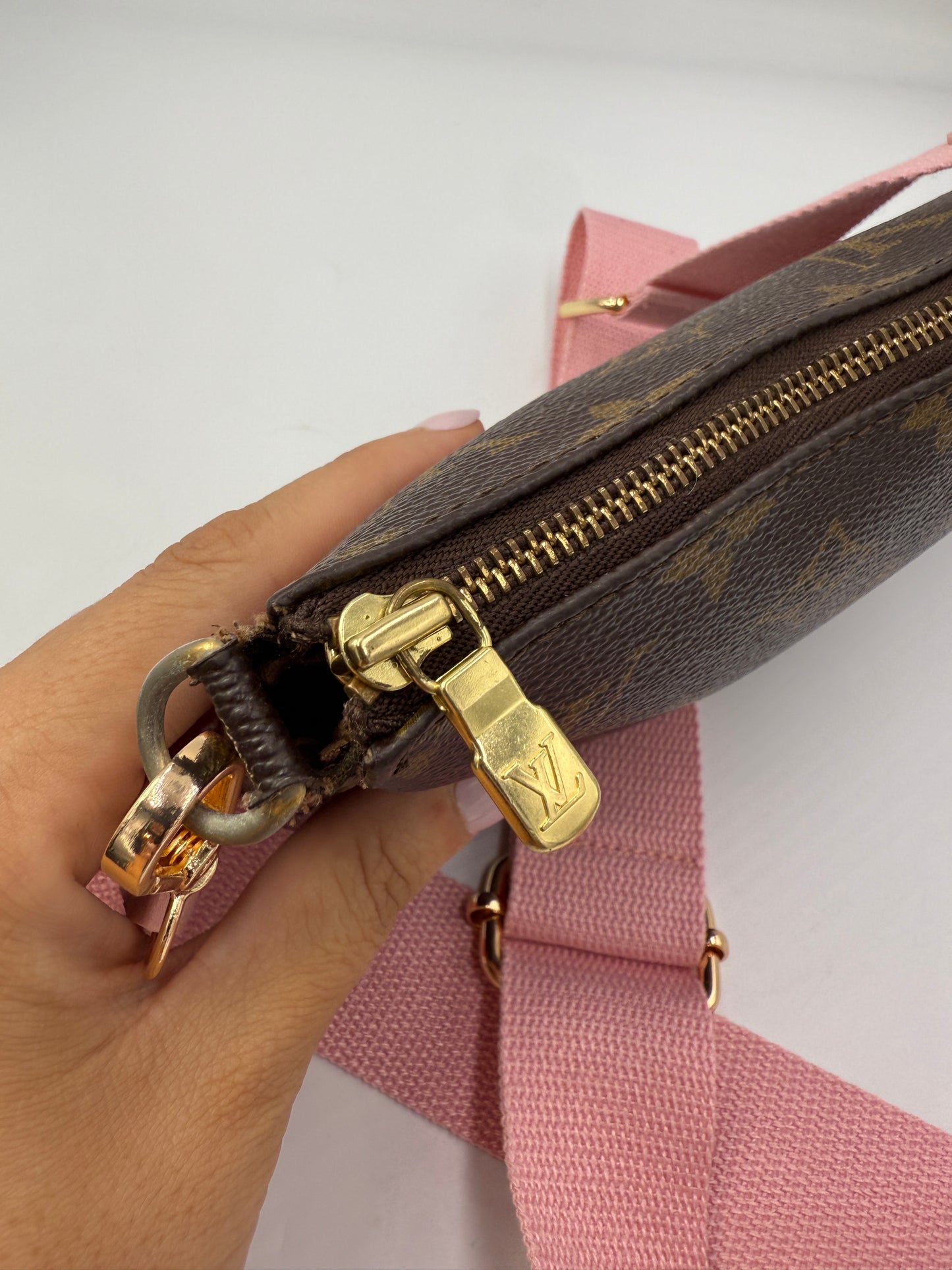 Louis Vuitton Monogram Coated Canvas Pochette with Pink Guitar Strap Full Inclusion AR0091