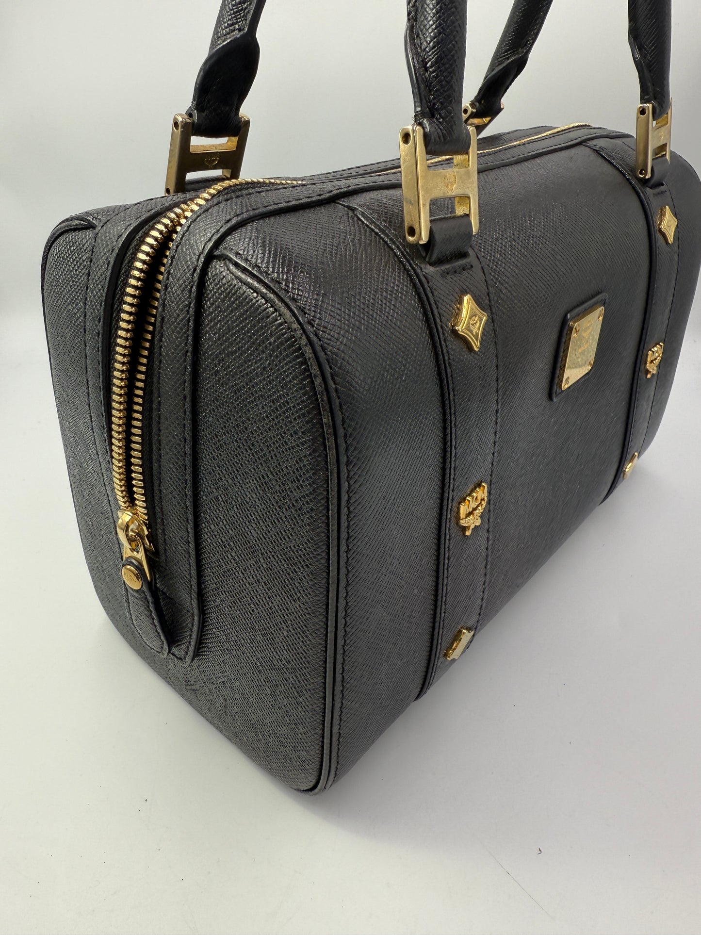 MCM Black Boston Bag With Logo Charms