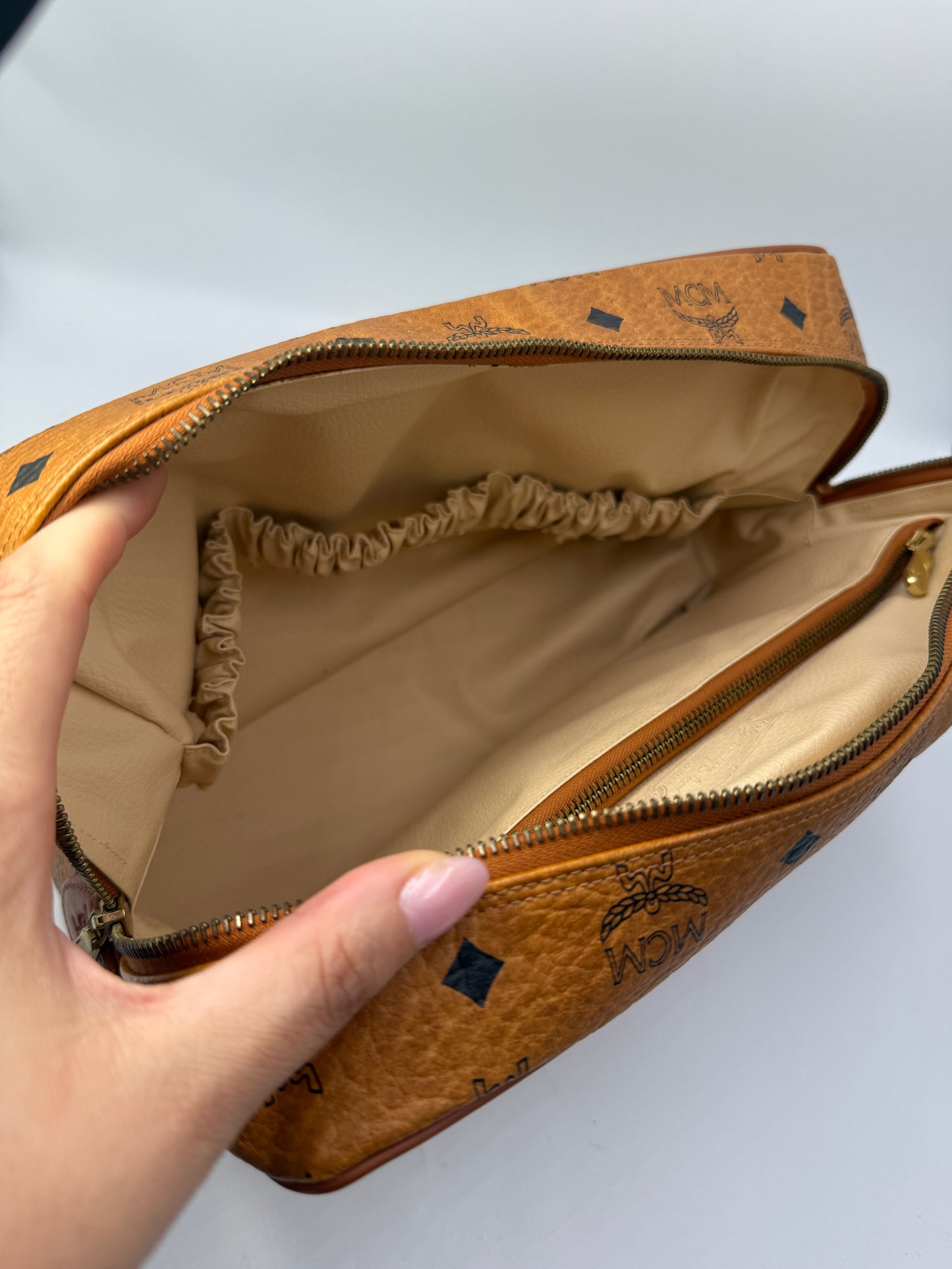 MCM Cognac Visetos Coated Canvas Toiletry Bag 30 cm