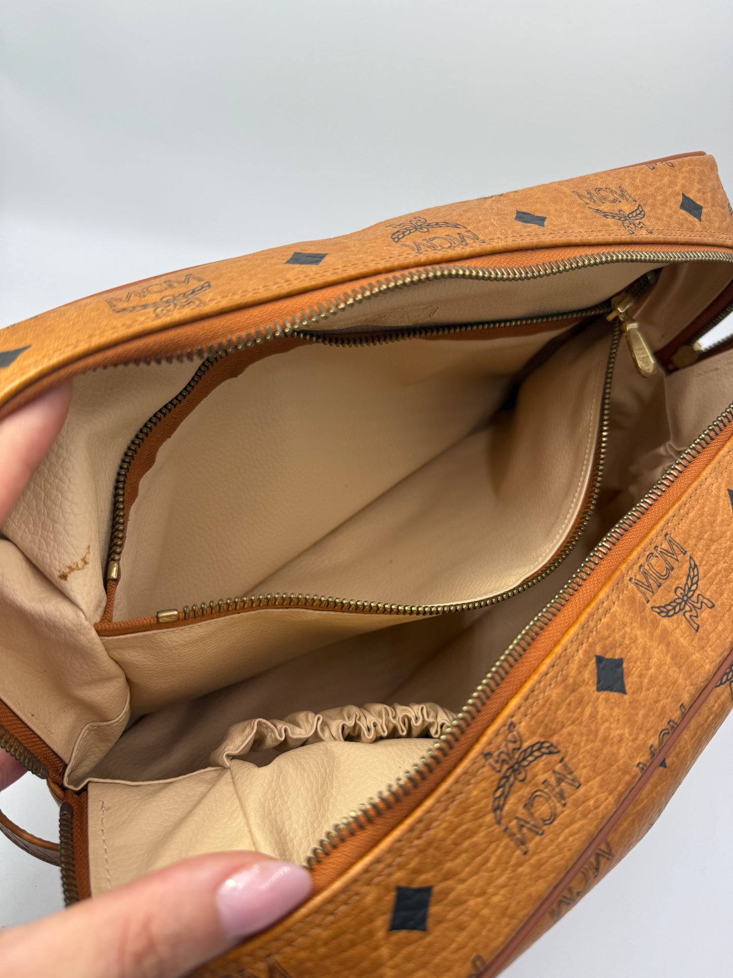 MCM Cognac Visetos Coated Canvas Toiletry Bag 30 cm