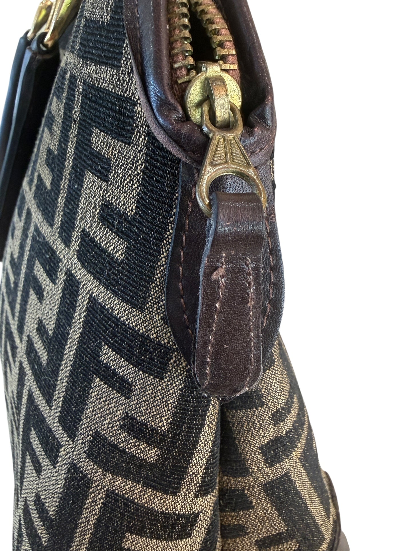 Fendi Vintage Brown Black Zucca Half Moon Satchel Handbag
