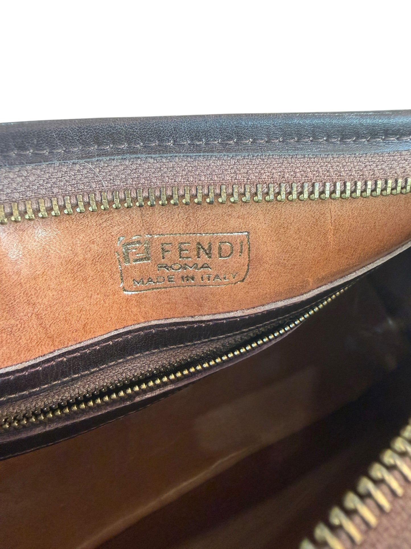 Fendi Vintage Brown Black Zucca Half Moon Satchel Handbag