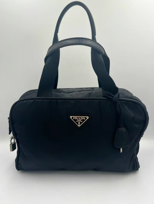 Prada Black Tessuto Nylon Hand Bag w/Lock & Keys