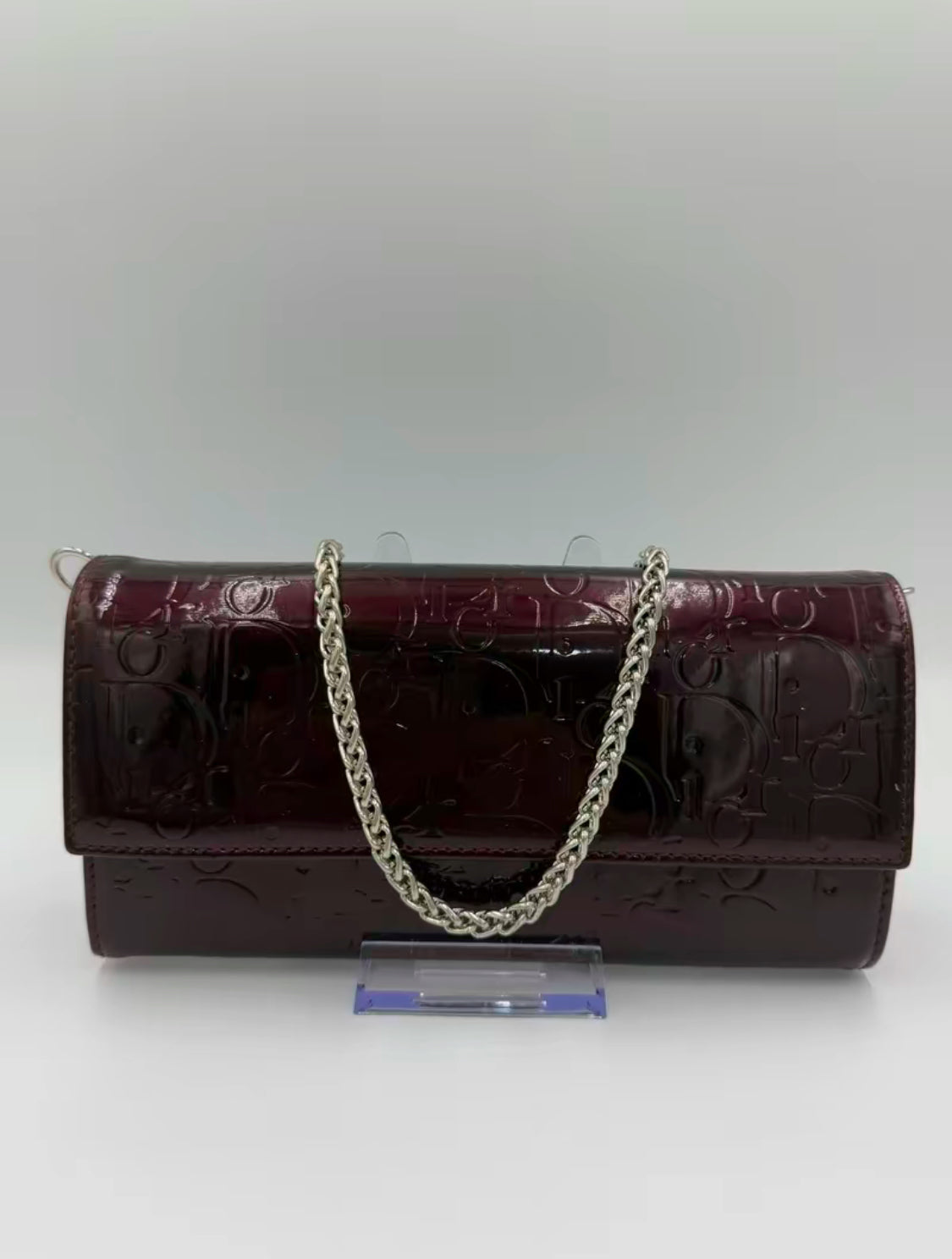 Christian Dior Burgundy Diorissimo Patent Leather Long Wallet on Chain