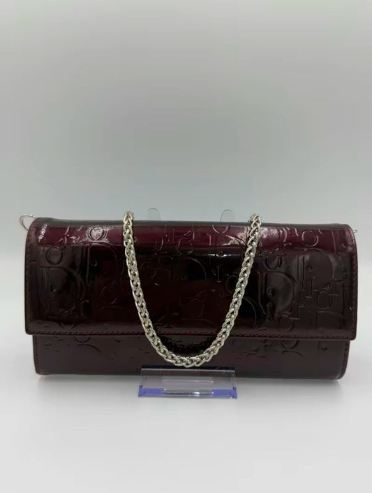 Christian Dior Burgundy Diorissimo Patent Leather Long Wallet on Chain