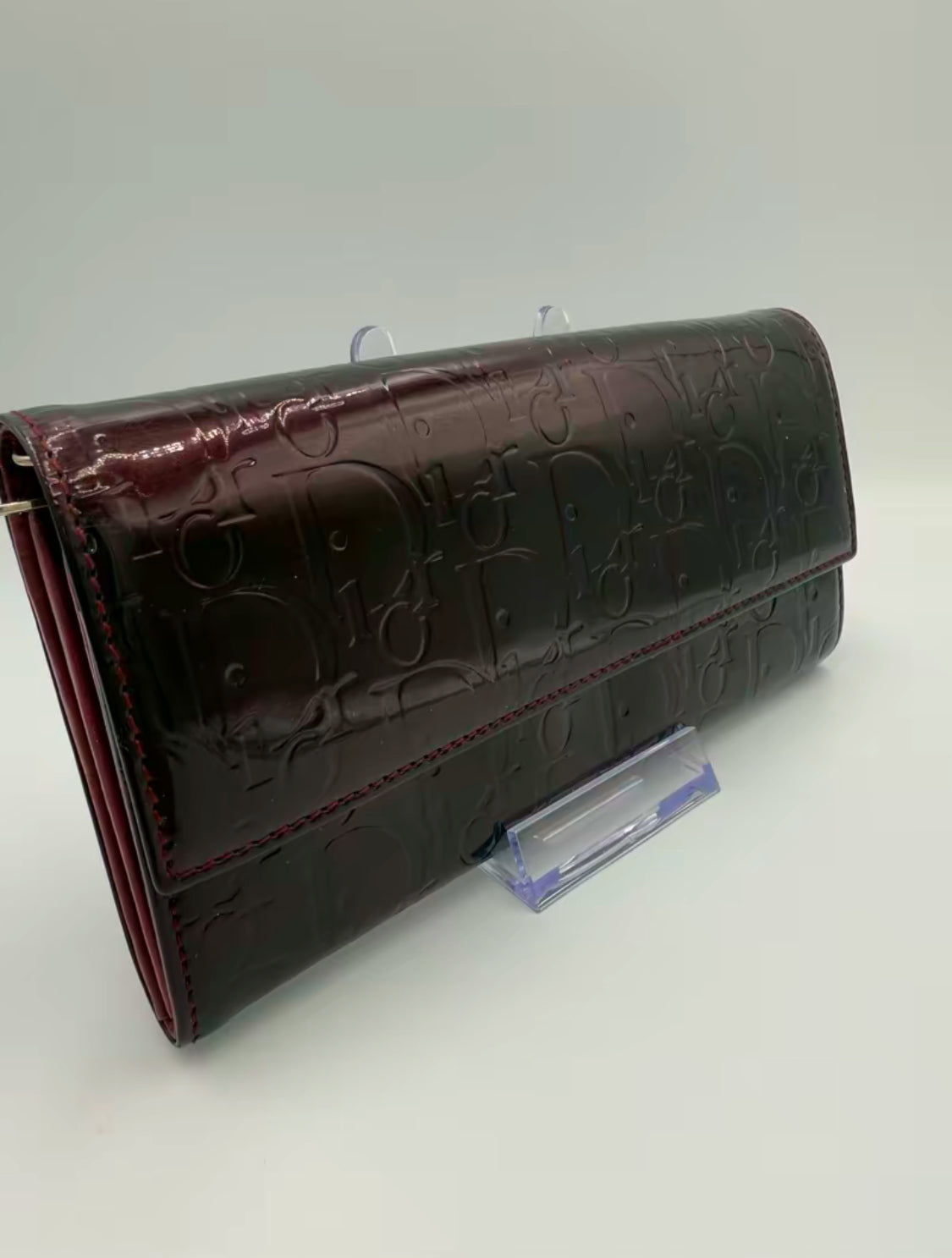 Christian Dior Burgundy Diorissimo Patent Leather Long Wallet on Chain