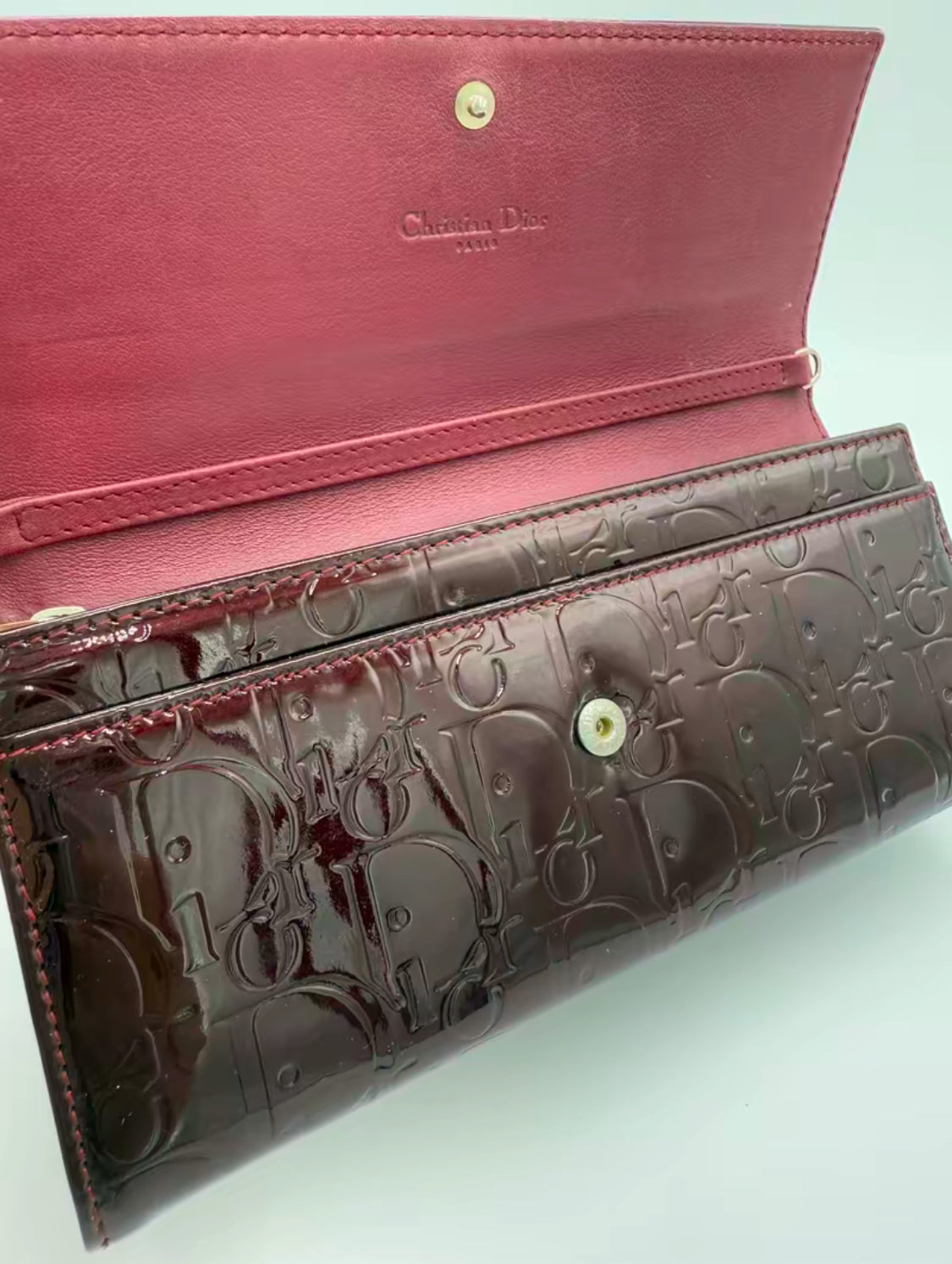 Christian Dior Burgundy Diorissimo Patent Leather Long Wallet on Chain