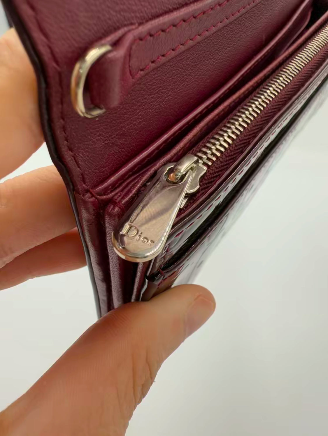 Christian Dior Burgundy Diorissimo Patent Leather Long Wallet on Chain