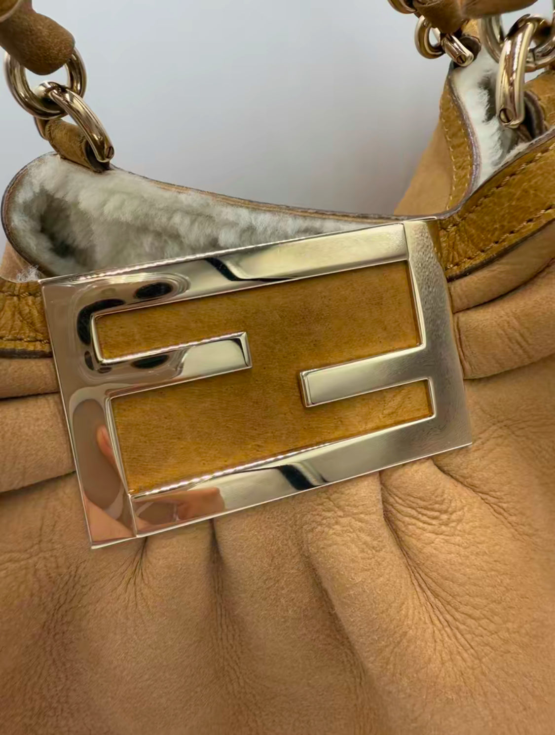 Fendi Nubuck Leather Shearling Hobo Shoulder Bag