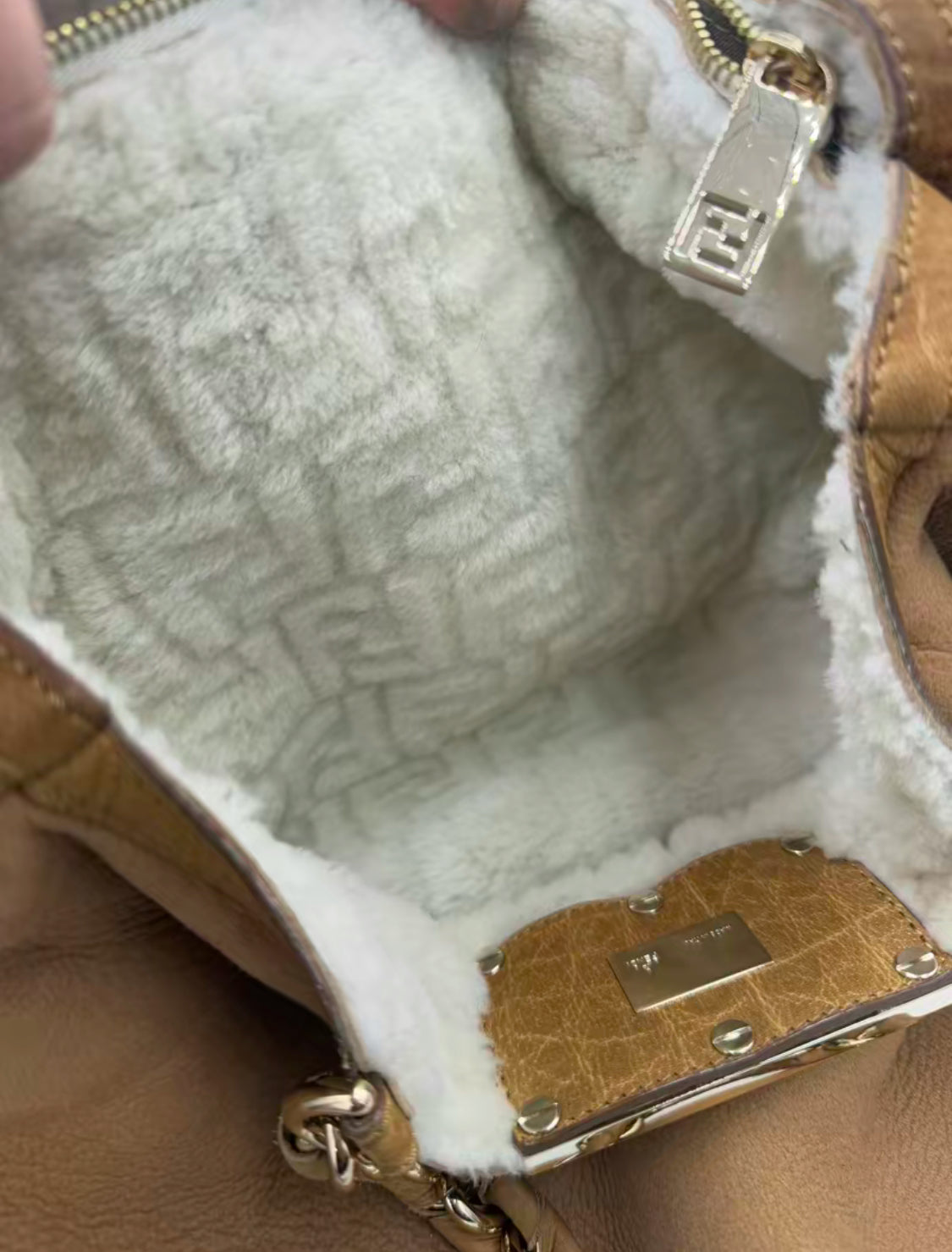 Fendi Nubuck Leather Shearling Hobo Shoulder Bag