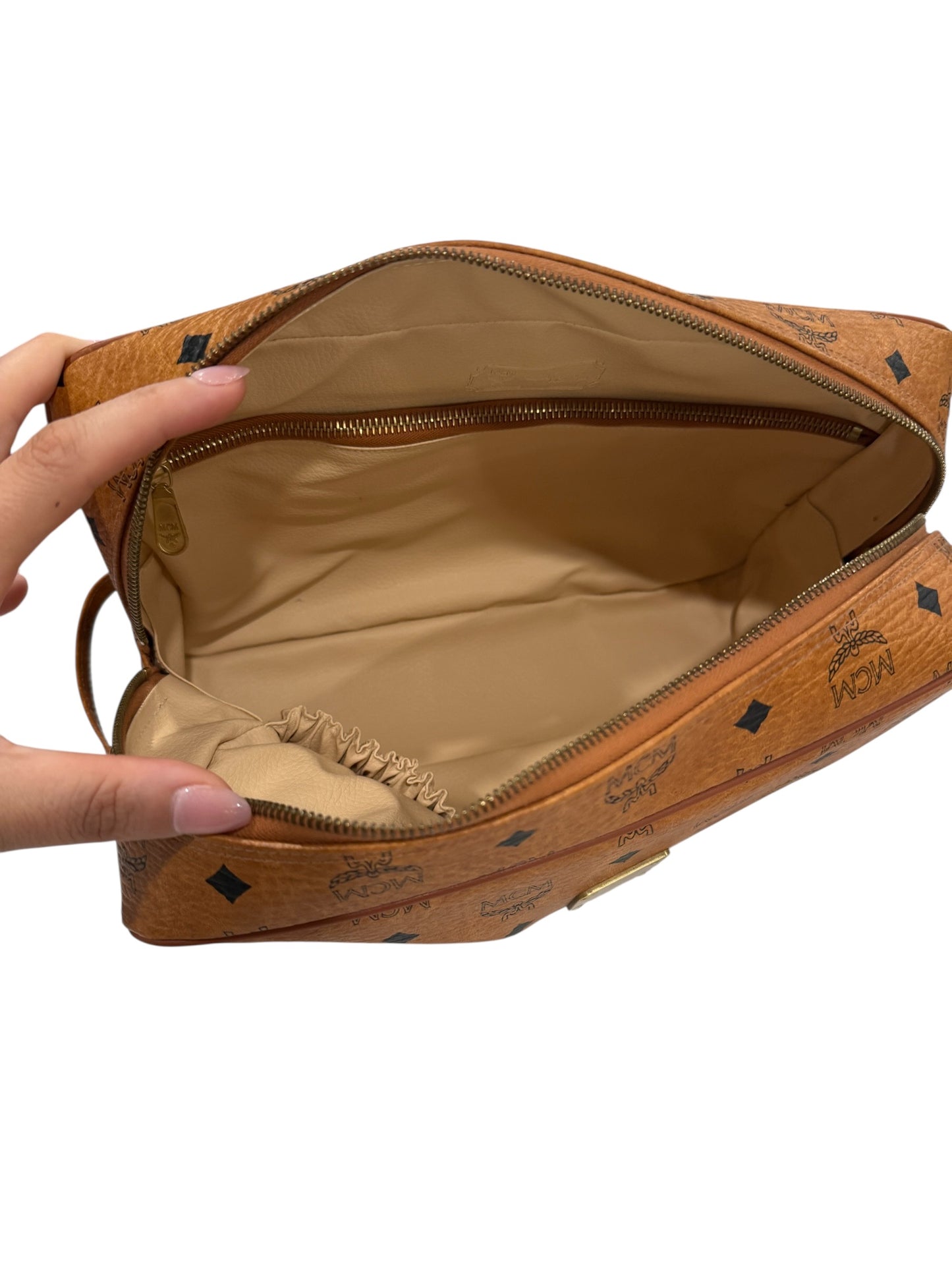 MCM Cognac Visetos Coated Canvas Toiletry Bag 30 cm