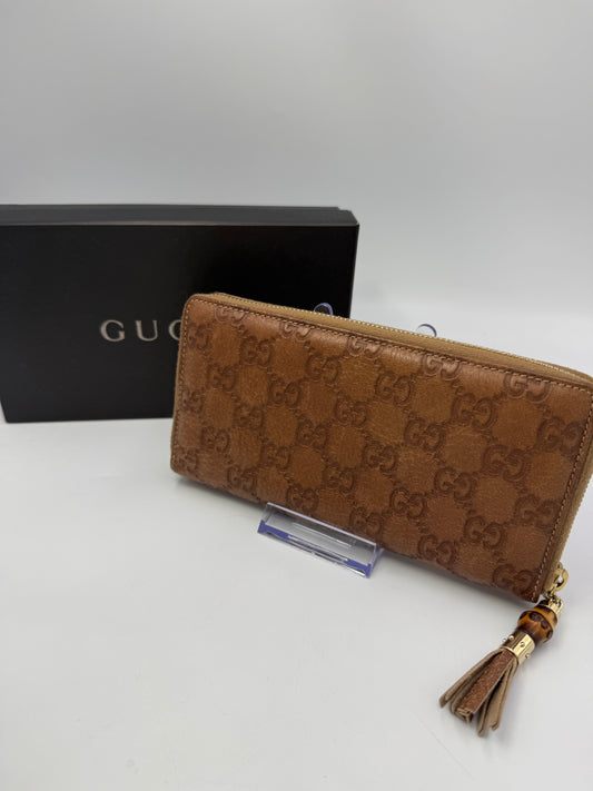 Gucci Guccissima Brown Leather Zippy Wallet with Bamboo And Box