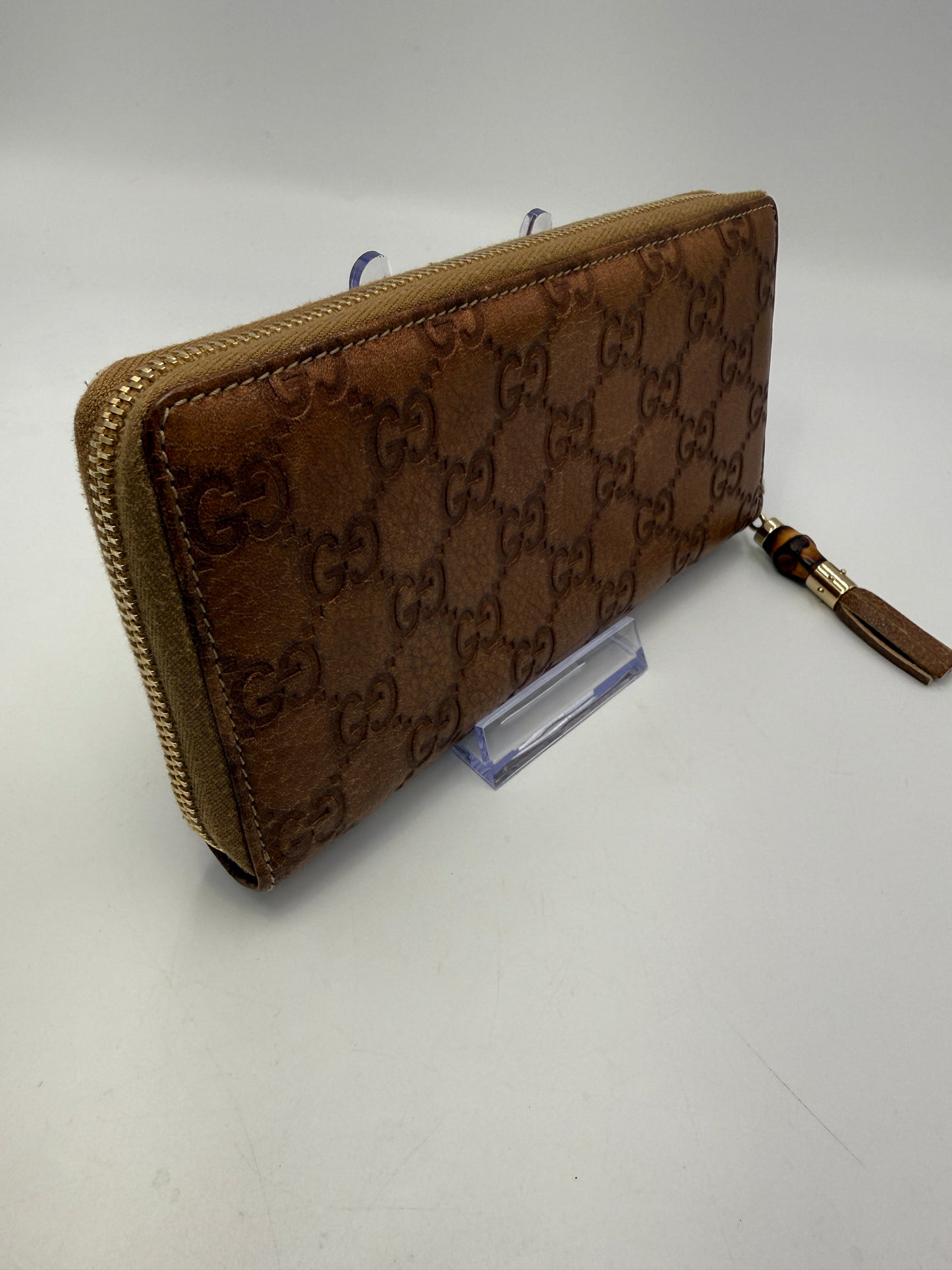 Gucci Guccissima Brown Leather Zippy Wallet with Bamboo And Box