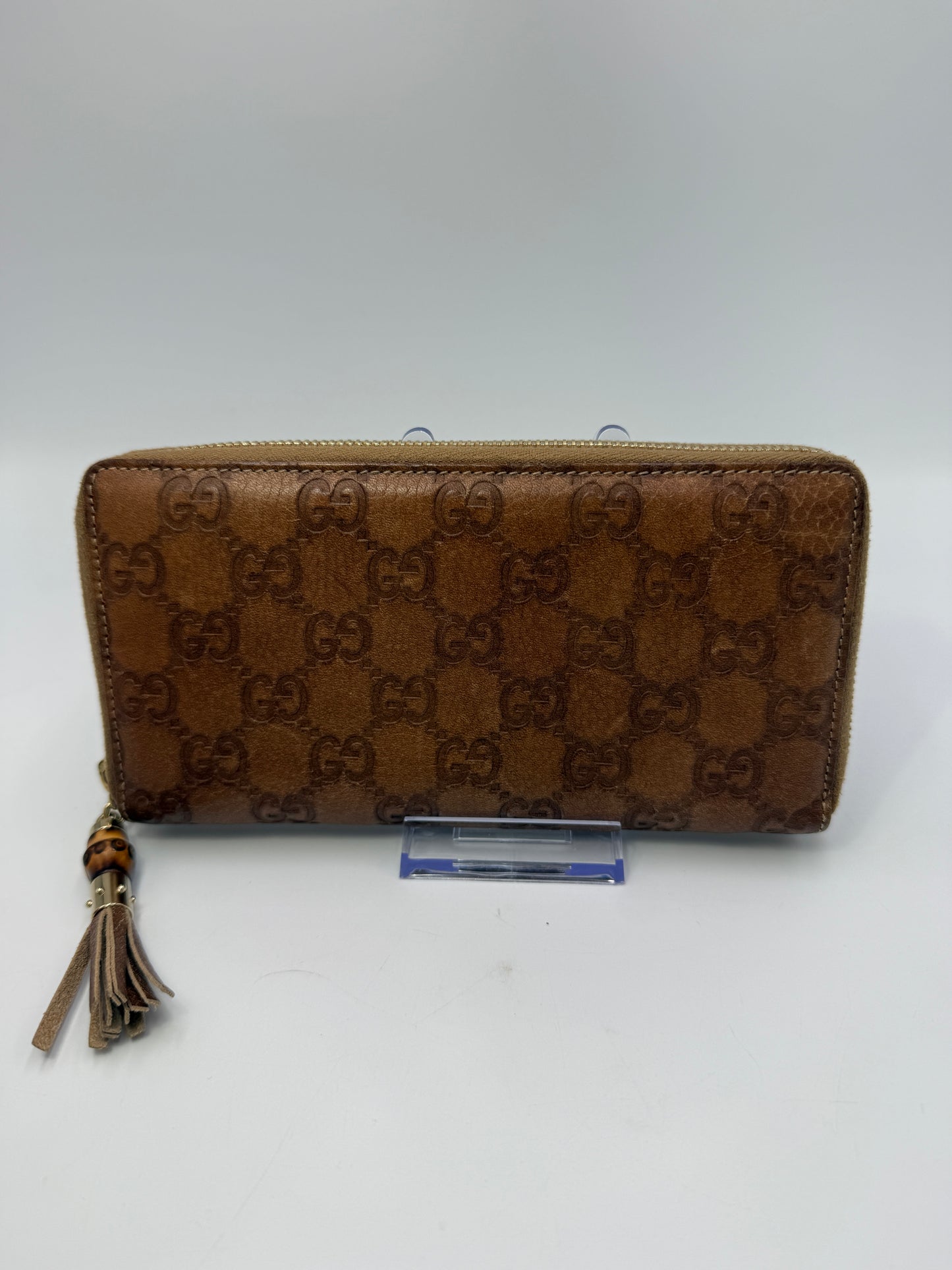 Gucci Guccissima Brown Leather Zippy Wallet with Bamboo And Box