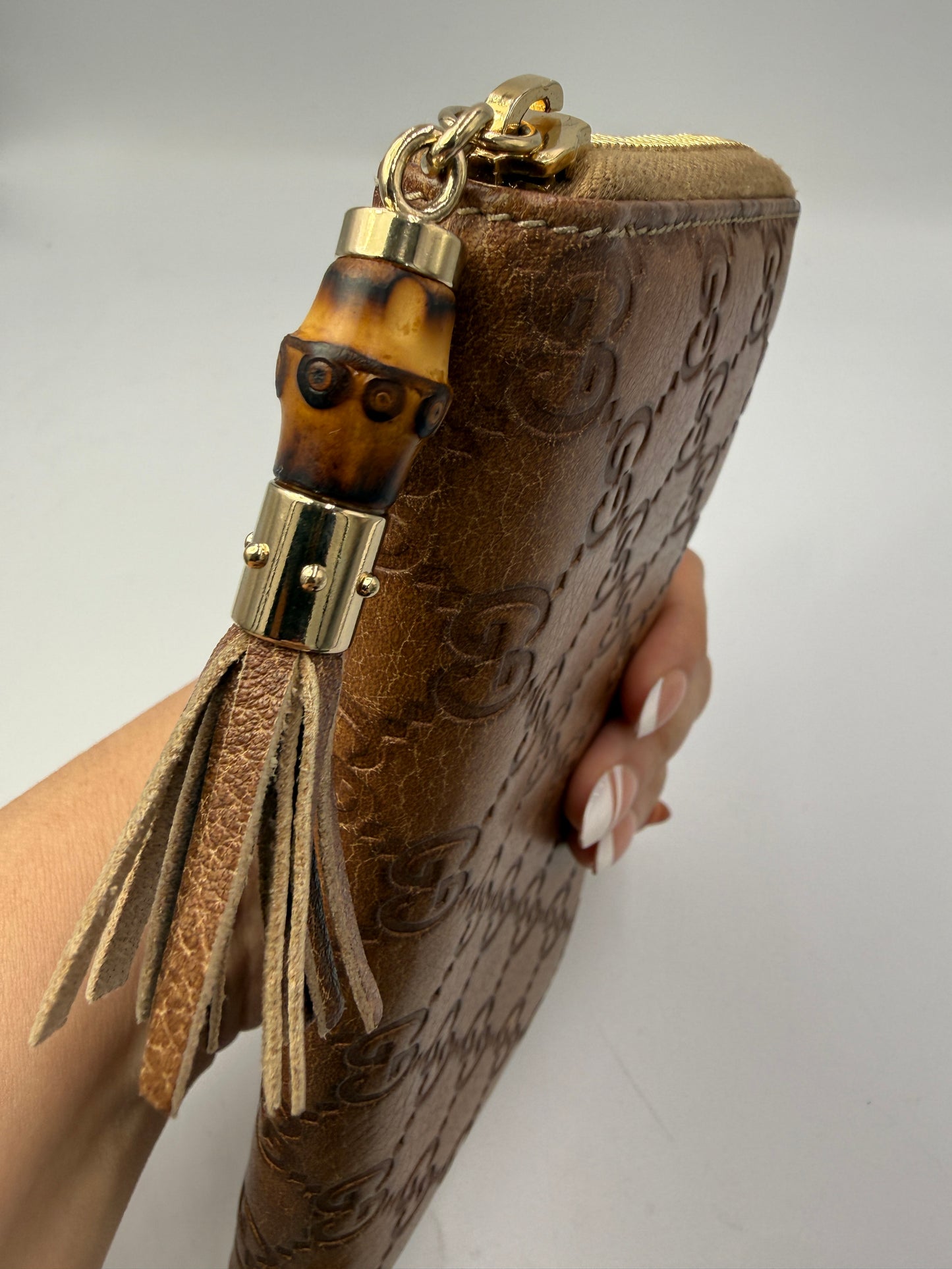 Gucci Guccissima Brown Leather Zippy Wallet with Bamboo And Box