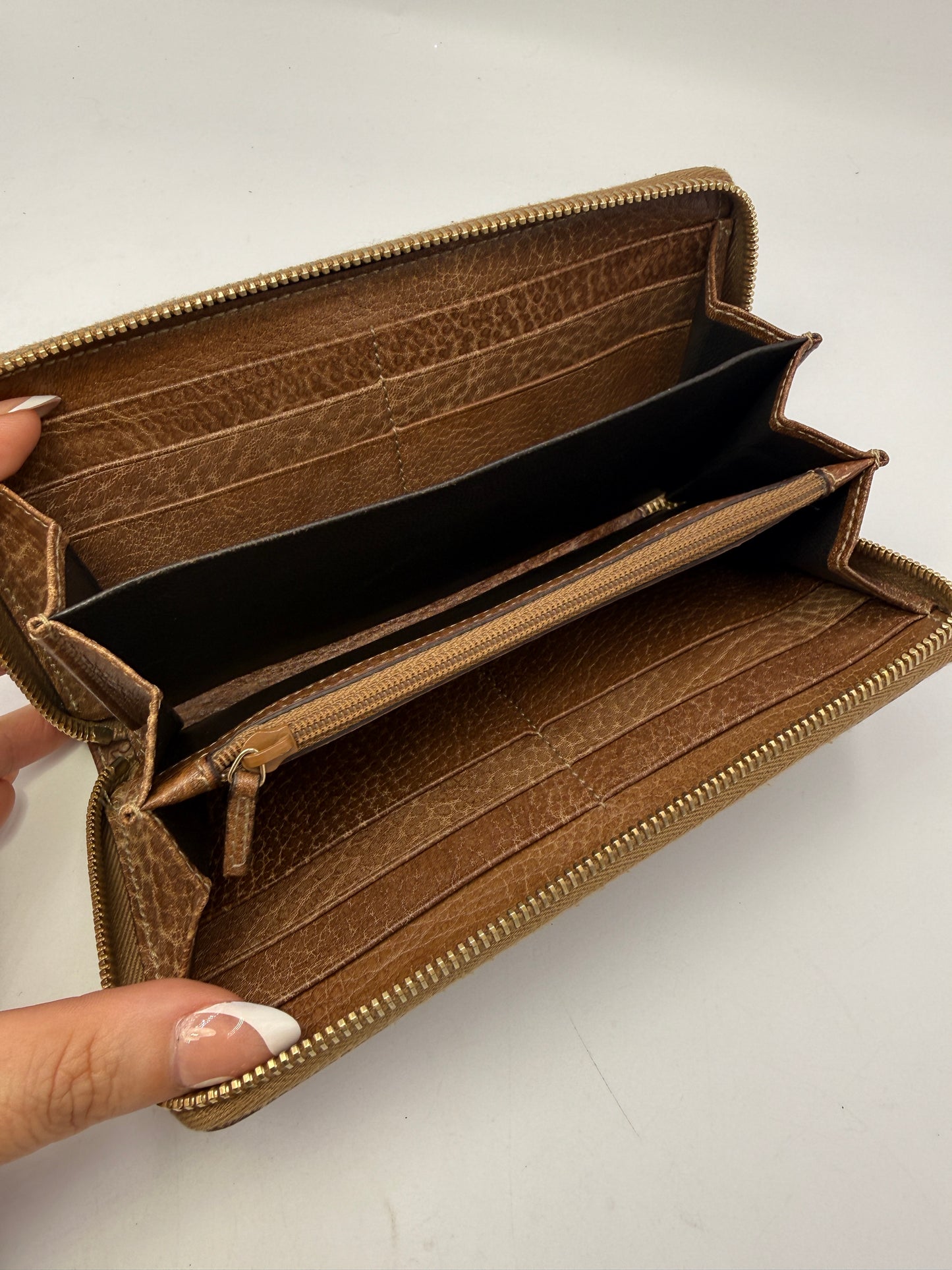 Gucci Guccissima Brown Leather Zippy Wallet with Bamboo And Box