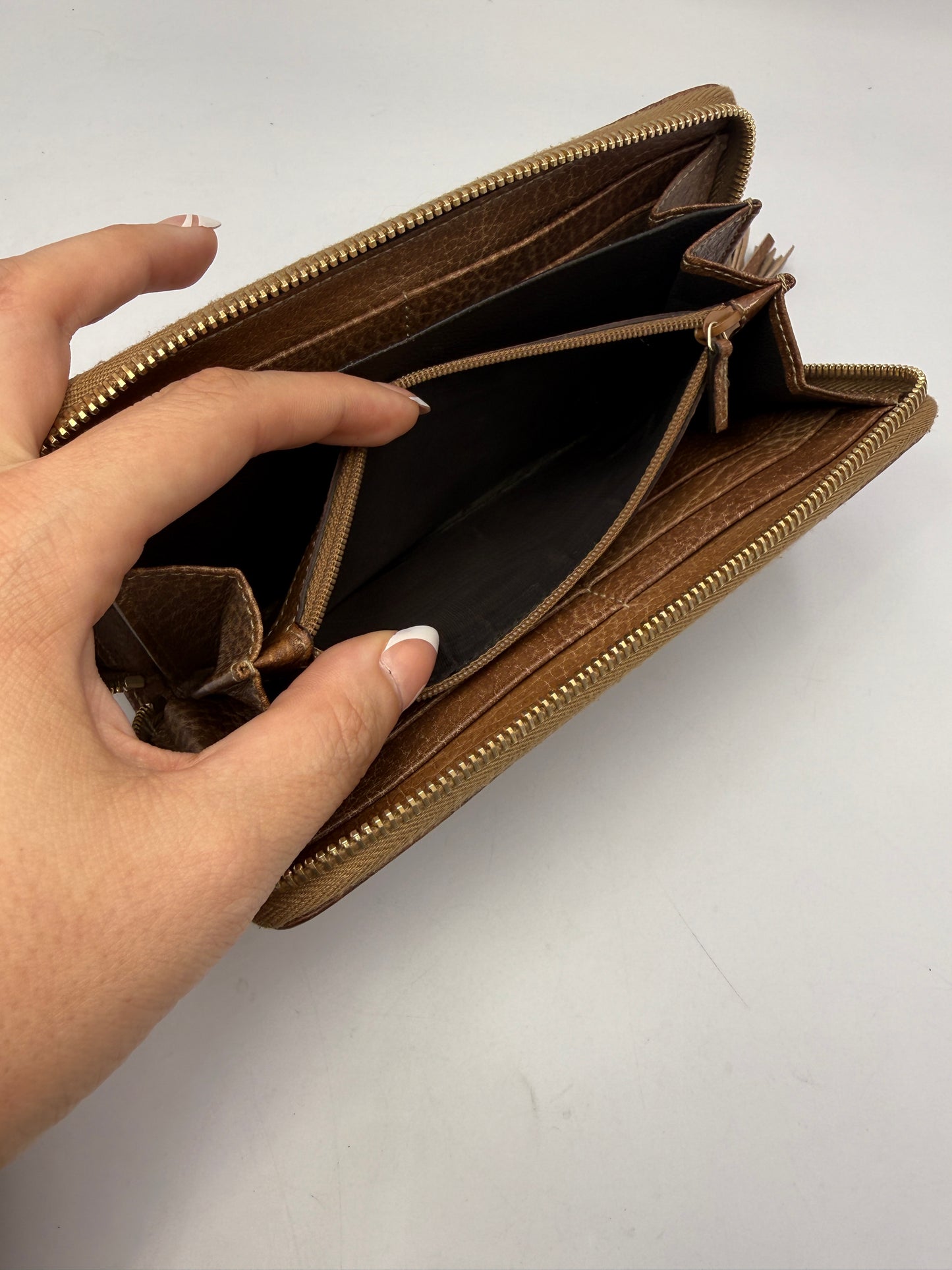 Gucci Guccissima Brown Leather Zippy Wallet with Bamboo And Box