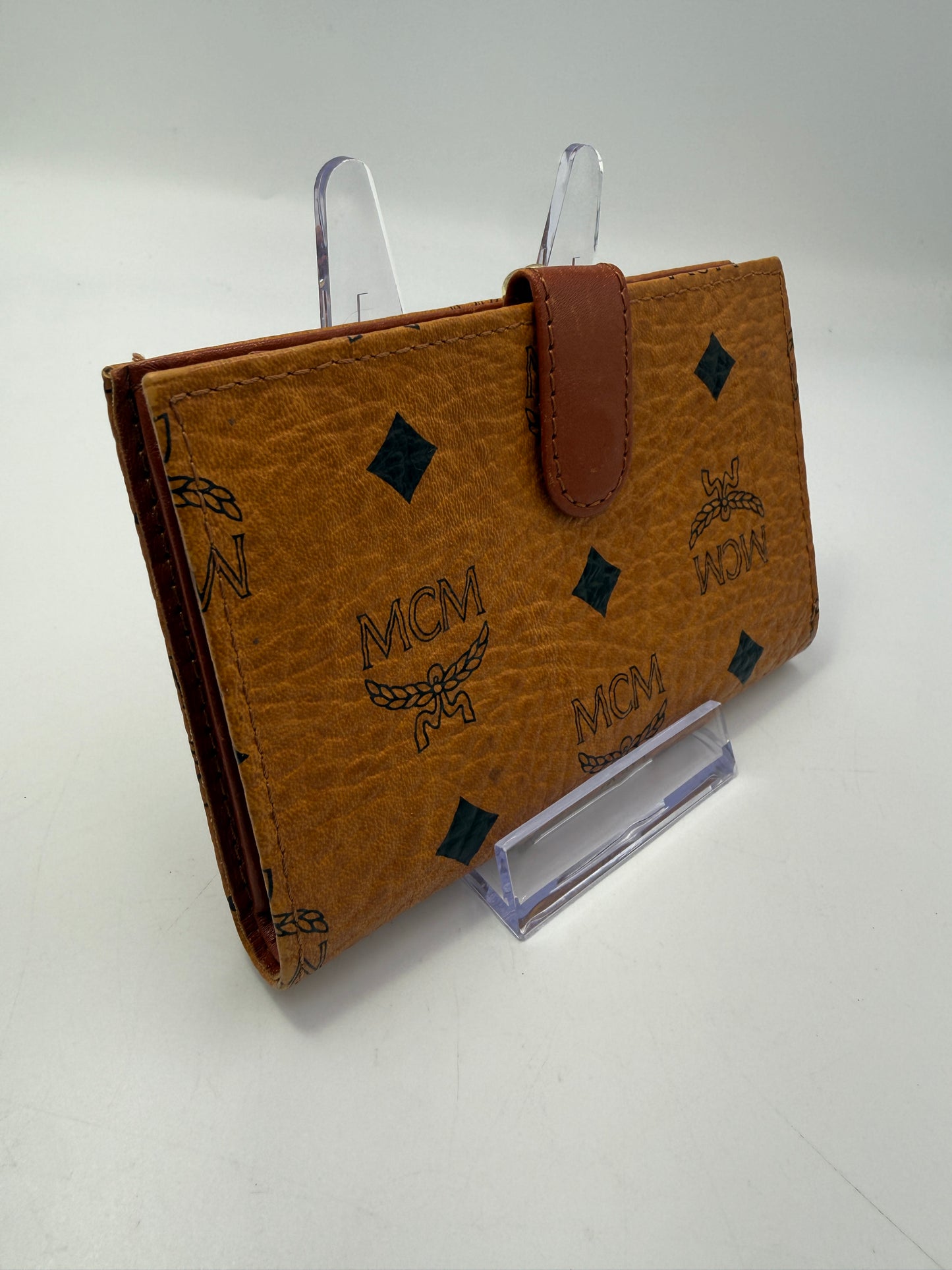 MCM Cognac Visetos Coated Canvas Compact Kisslock Wallet