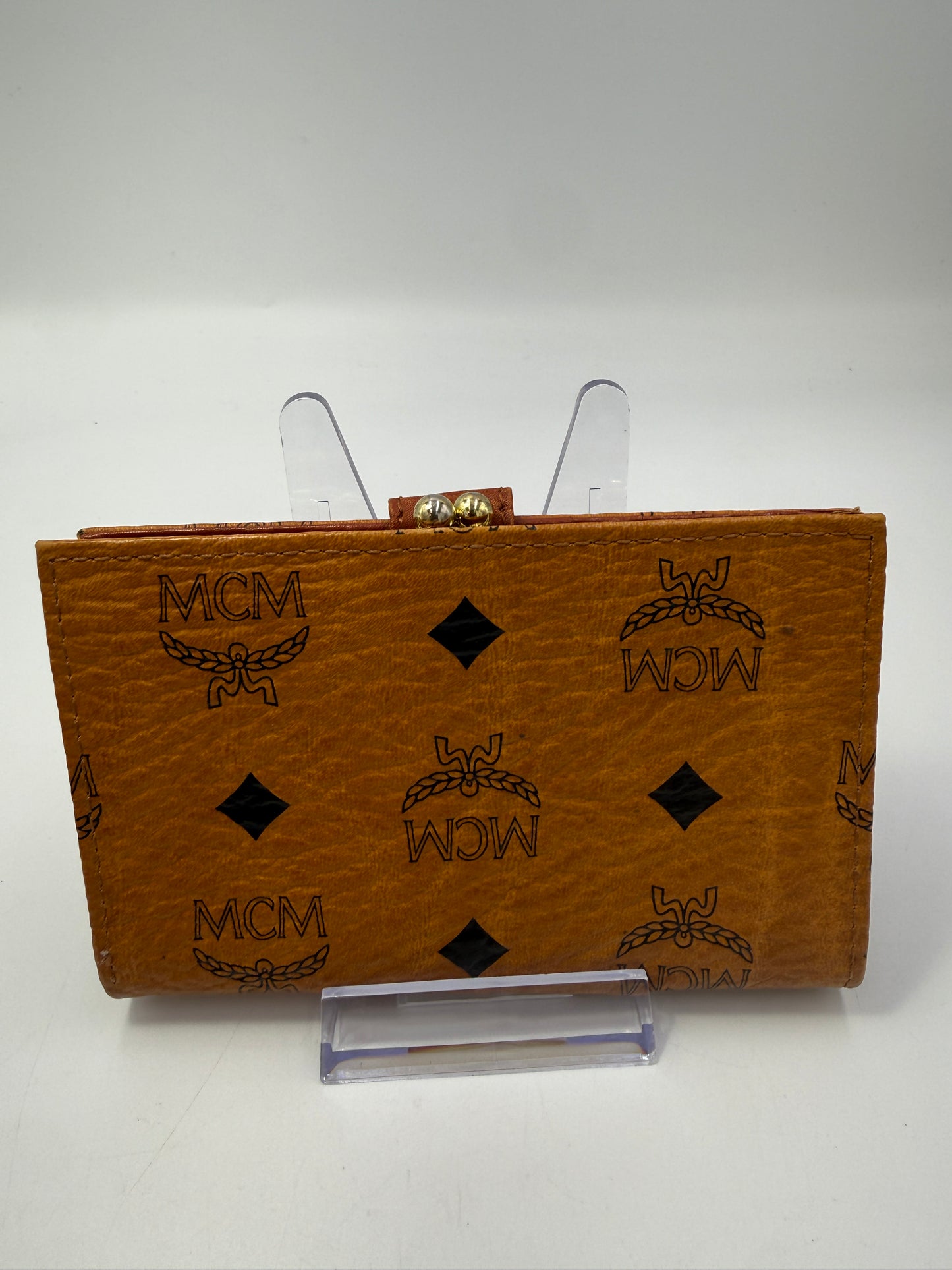 MCM Cognac Visetos Coated Canvas Compact Kisslock Wallet