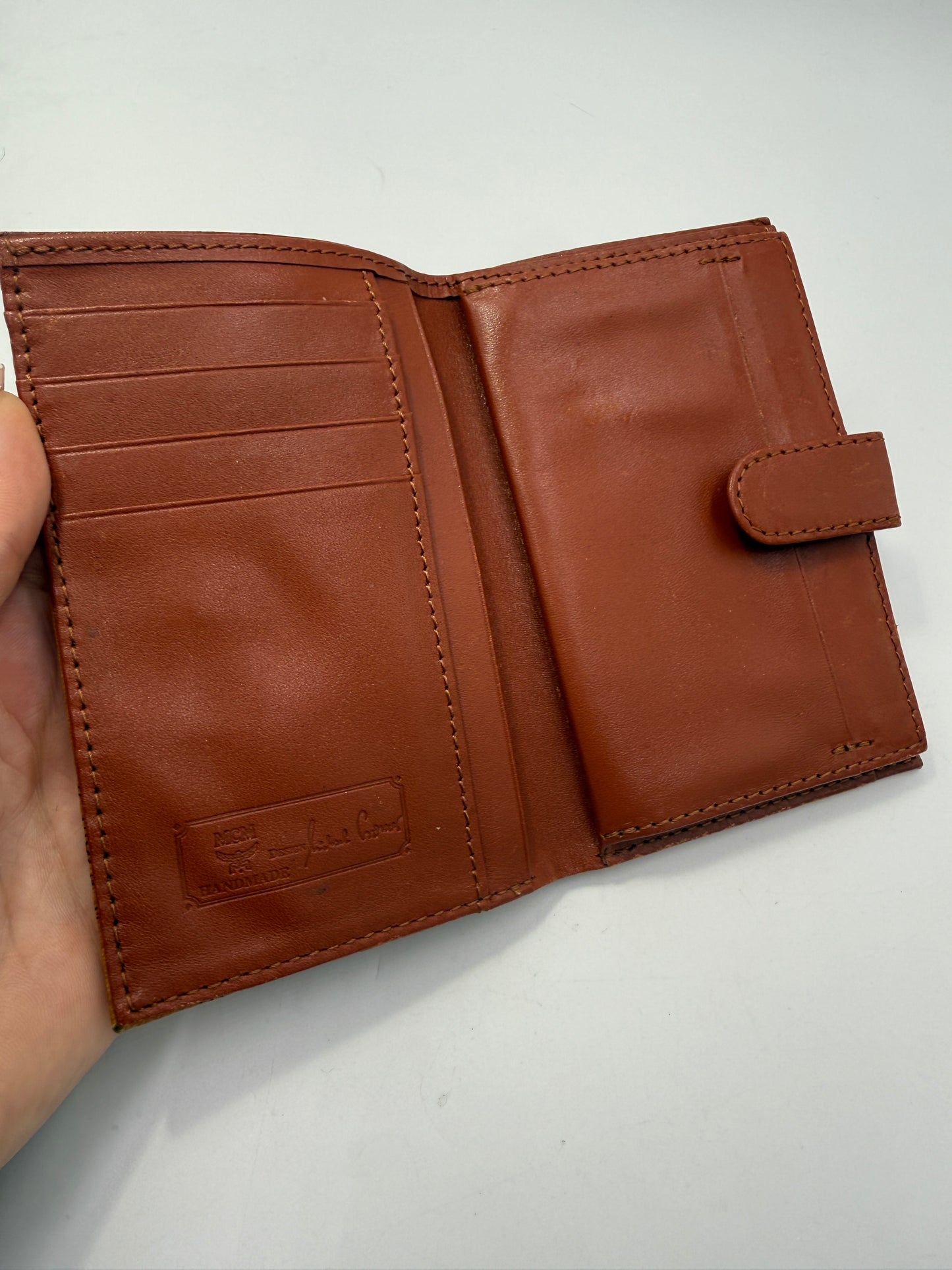 MCM Cognac Visetos Coated Canvas Compact Kisslock Wallet