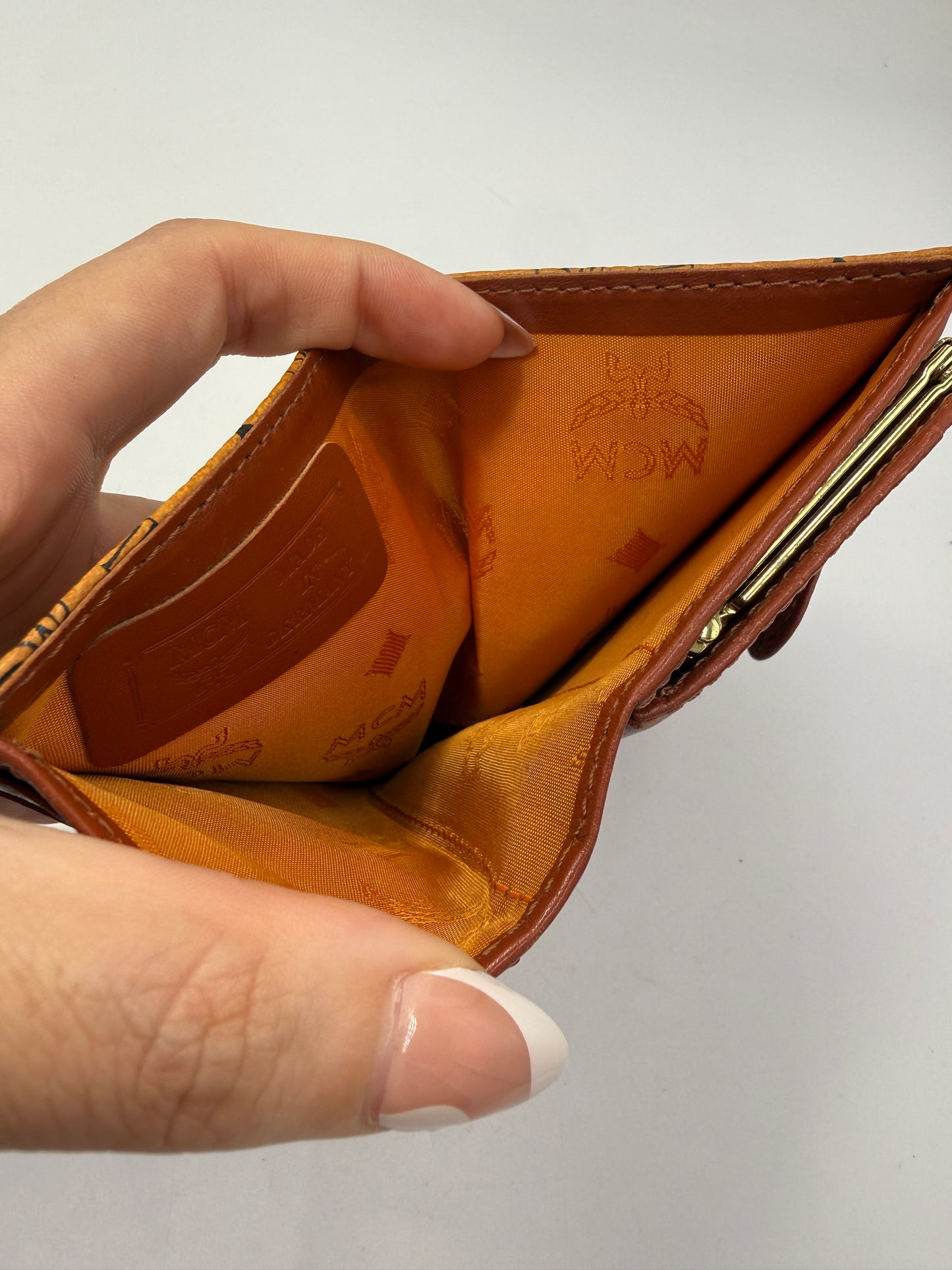 MCM Cognac Visetos Coated Canvas Compact Kisslock Wallet