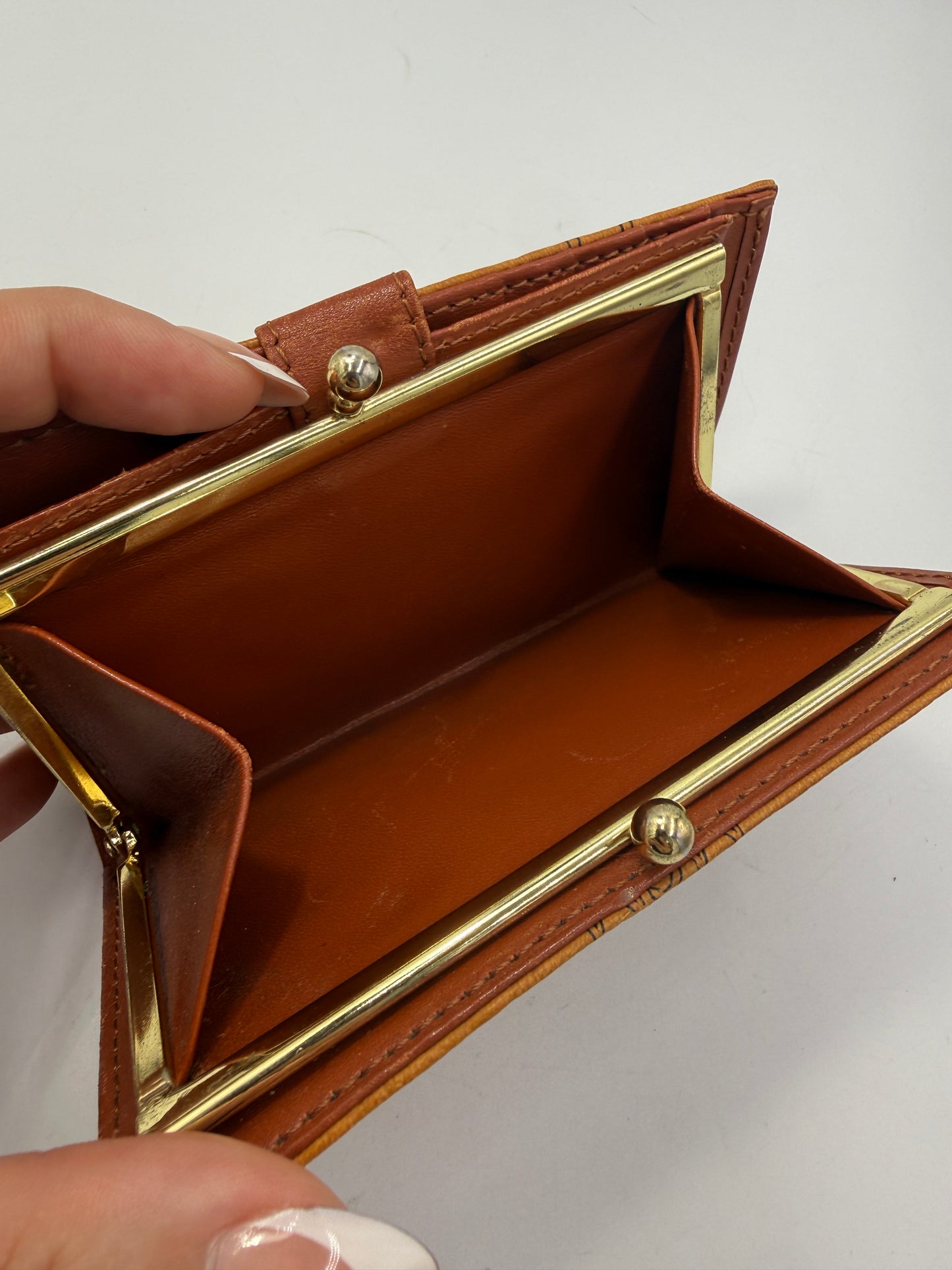 MCM Cognac Visetos Coated Canvas Compact Kisslock Wallet