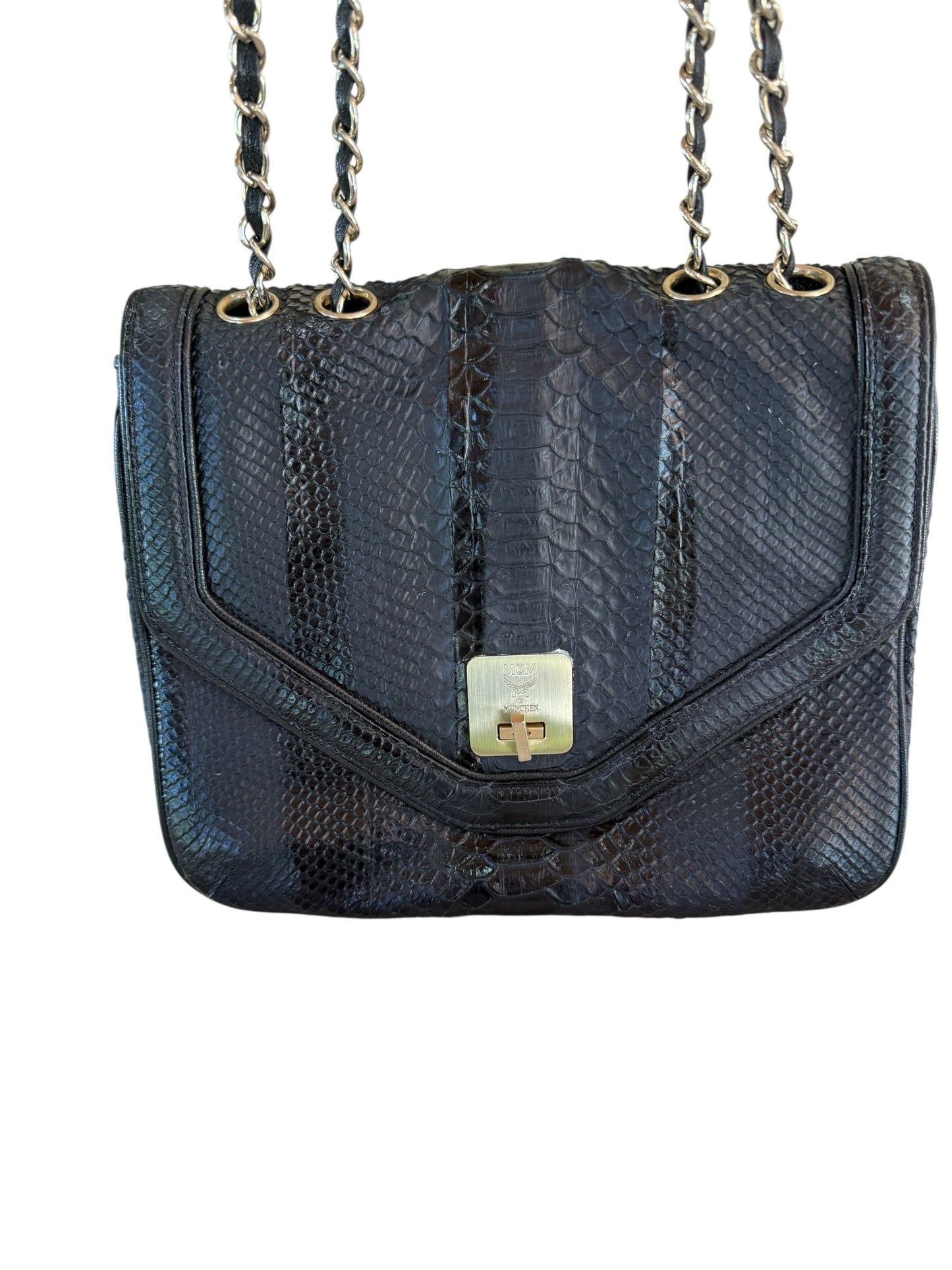 MCM Black Python Embossed Leather Chain Shoulder Bag