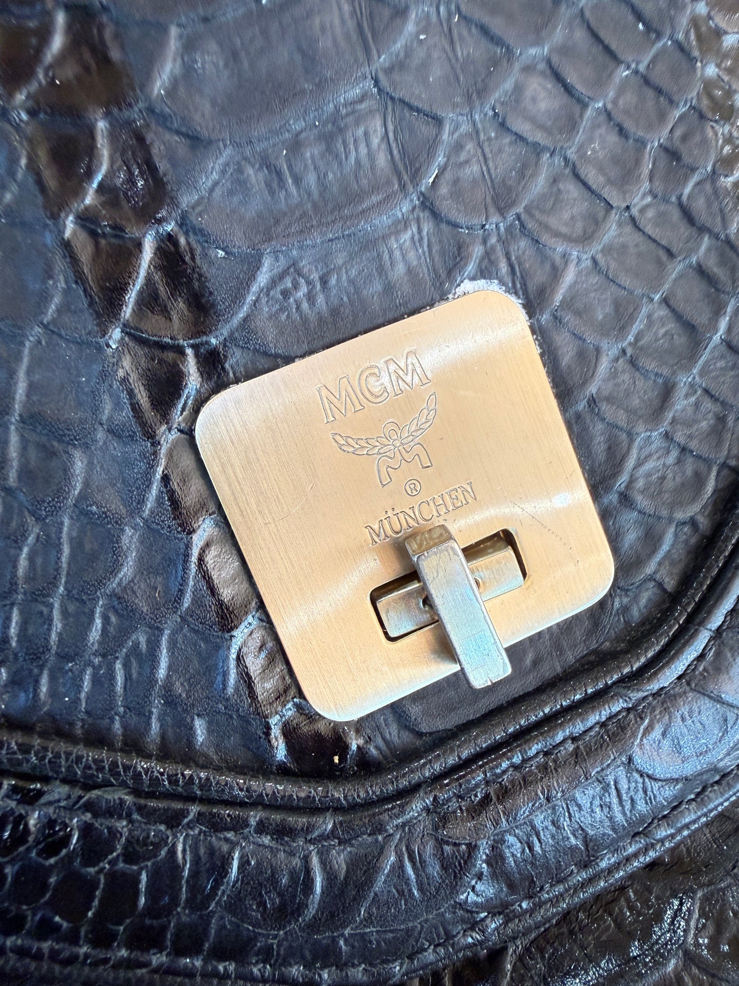 MCM Black Python Embossed Leather Chain Shoulder Bag