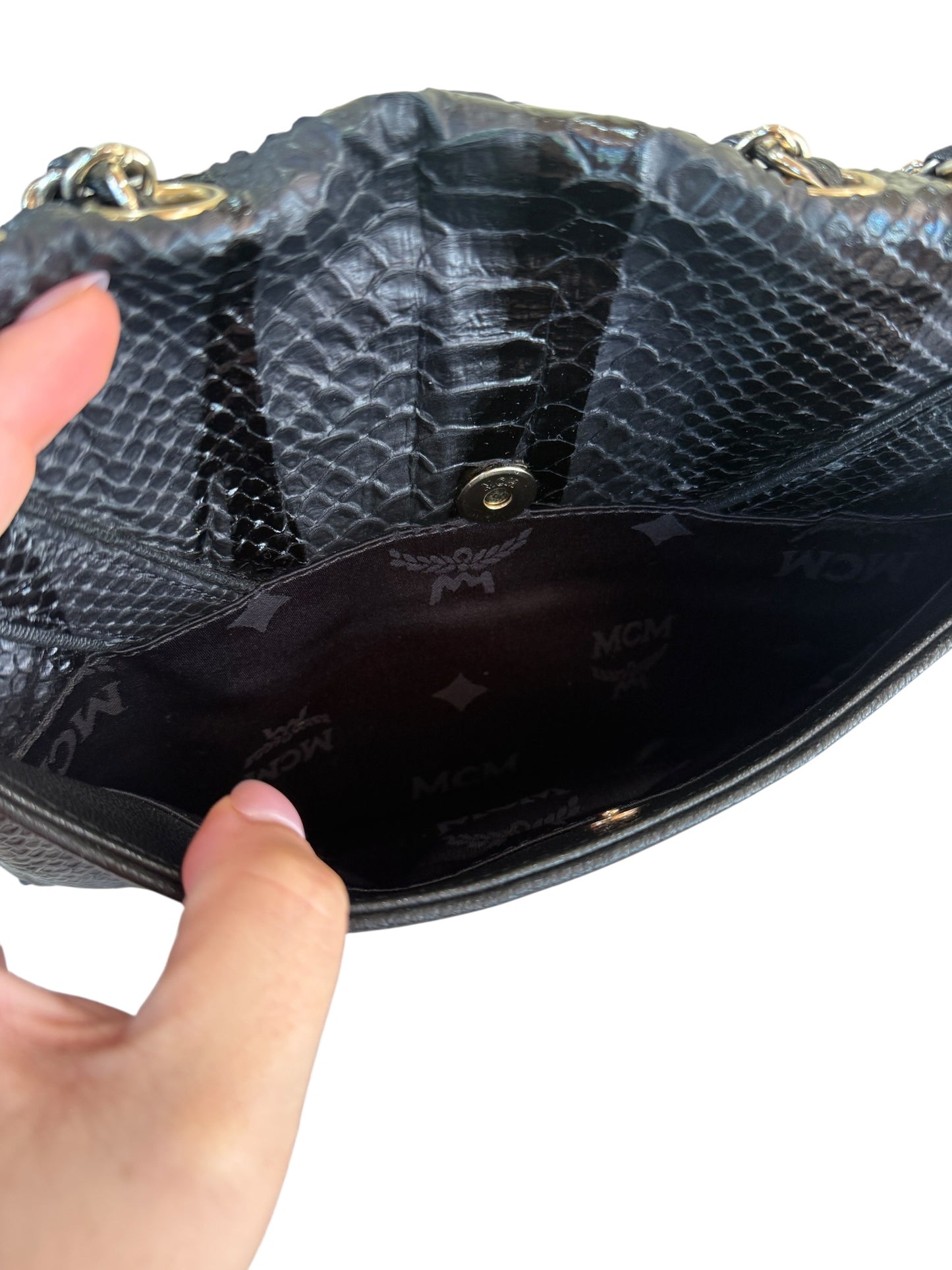 MCM Black Python Embossed Leather Chain Shoulder Bag