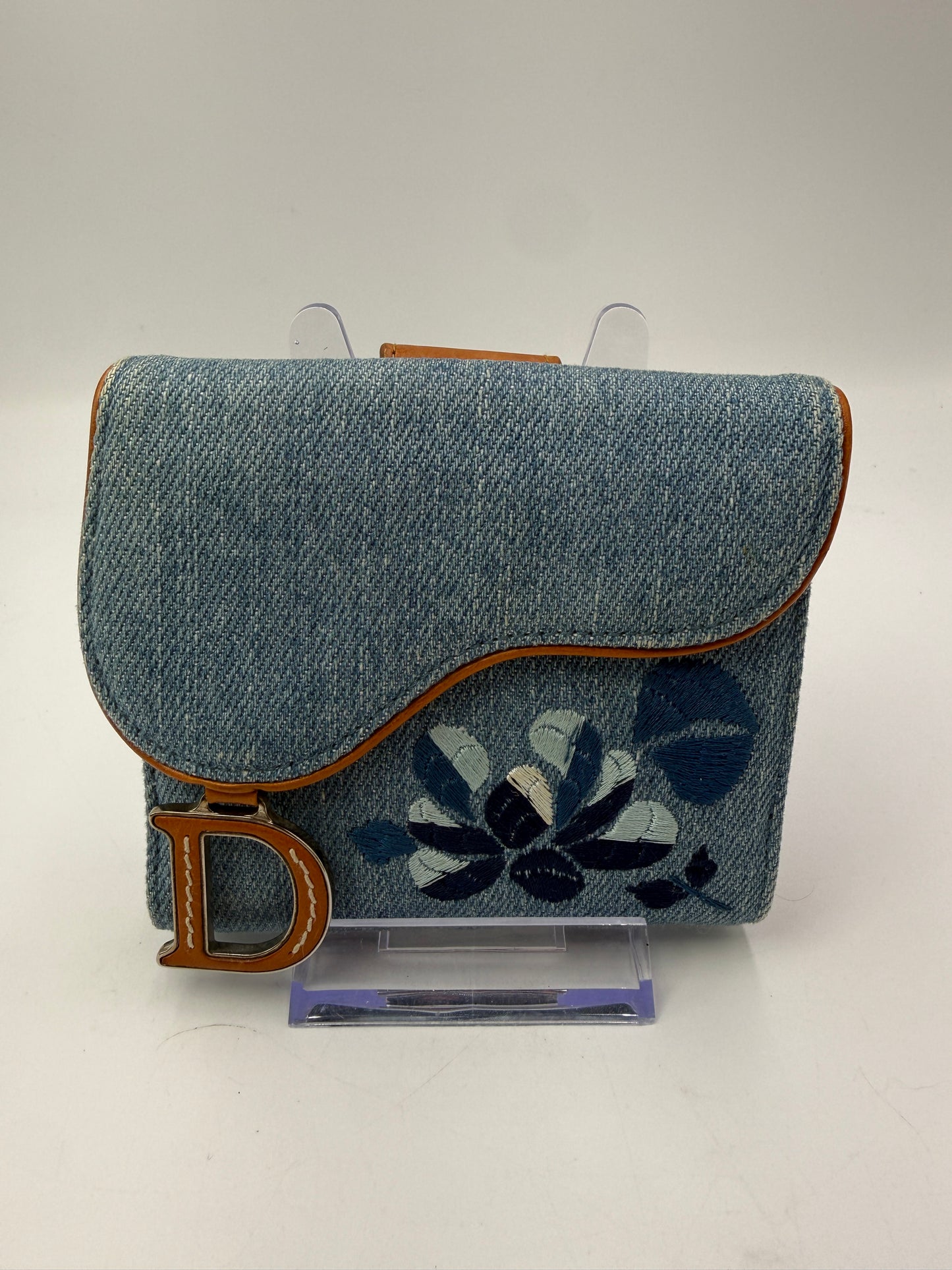 Christian Dior Denim Embroidered Compact Wallet