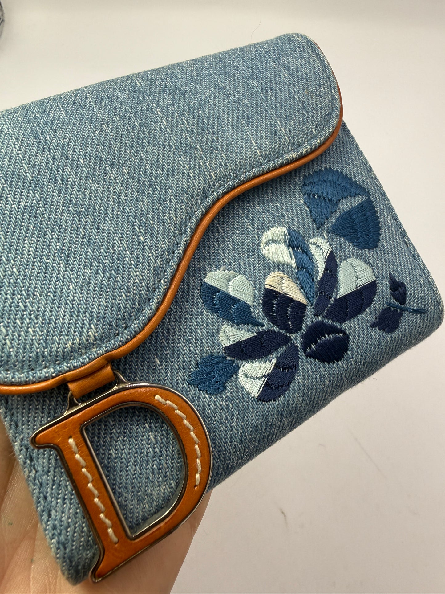 Christian Dior Denim Embroidered Compact Wallet